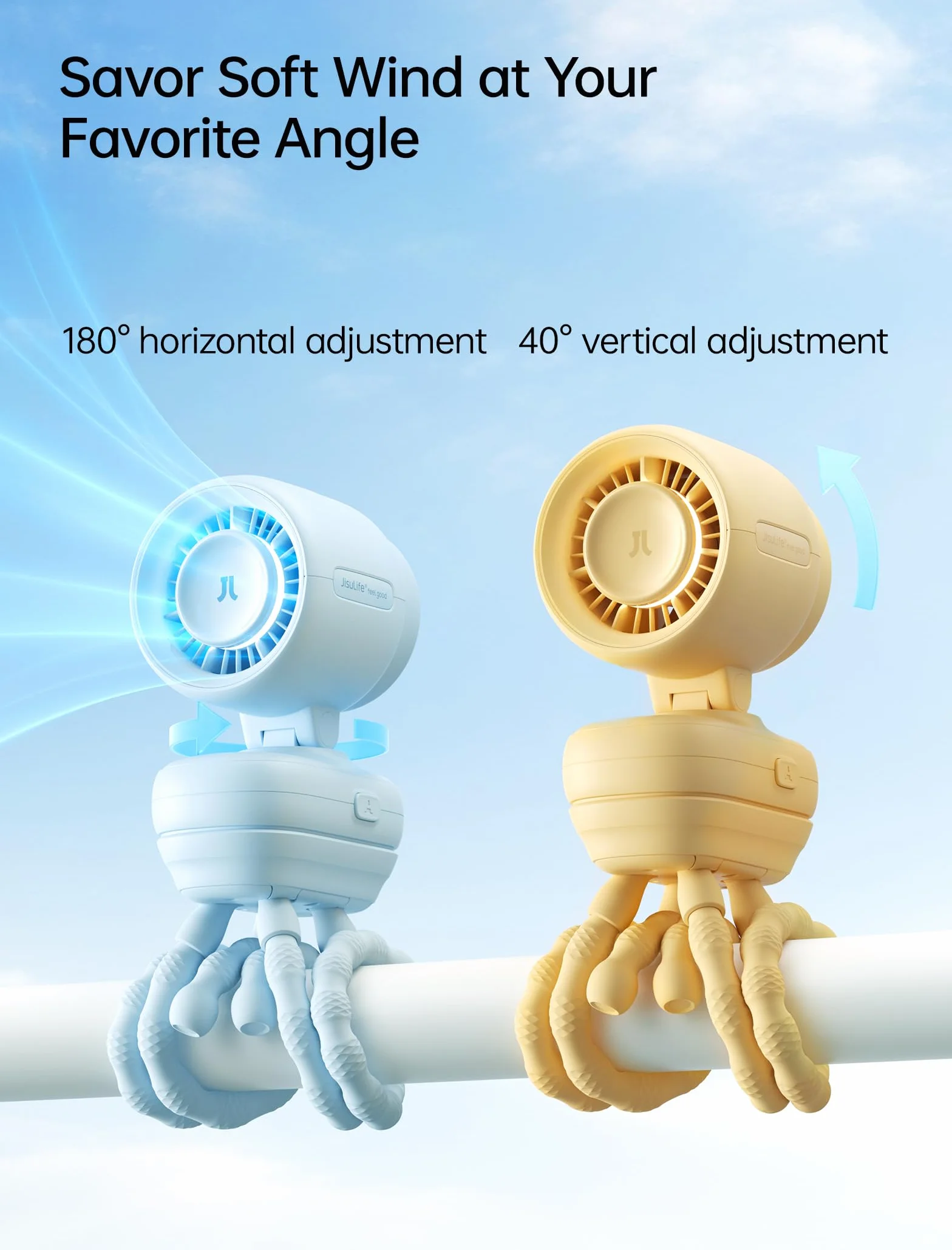 JISULIFE Mini ventilateur de poussette portable à clipser à piles avec veilleuse, 5 vitesses, écran LED, support flexible amovible, sans danger pour berceau, tapis de course, voyage – Bleu