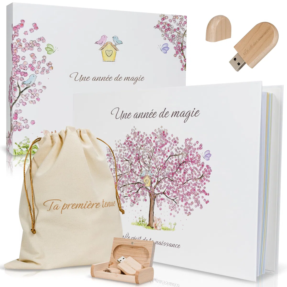 Livre de naissance bébé avec Clé Usb pour les souvenirs numérique et Pochon pour la 1ère tenue- Album Photo Bebe 116 pages pour coller vos photos et écrire - Idéal Cadeau naissance fille et garçon