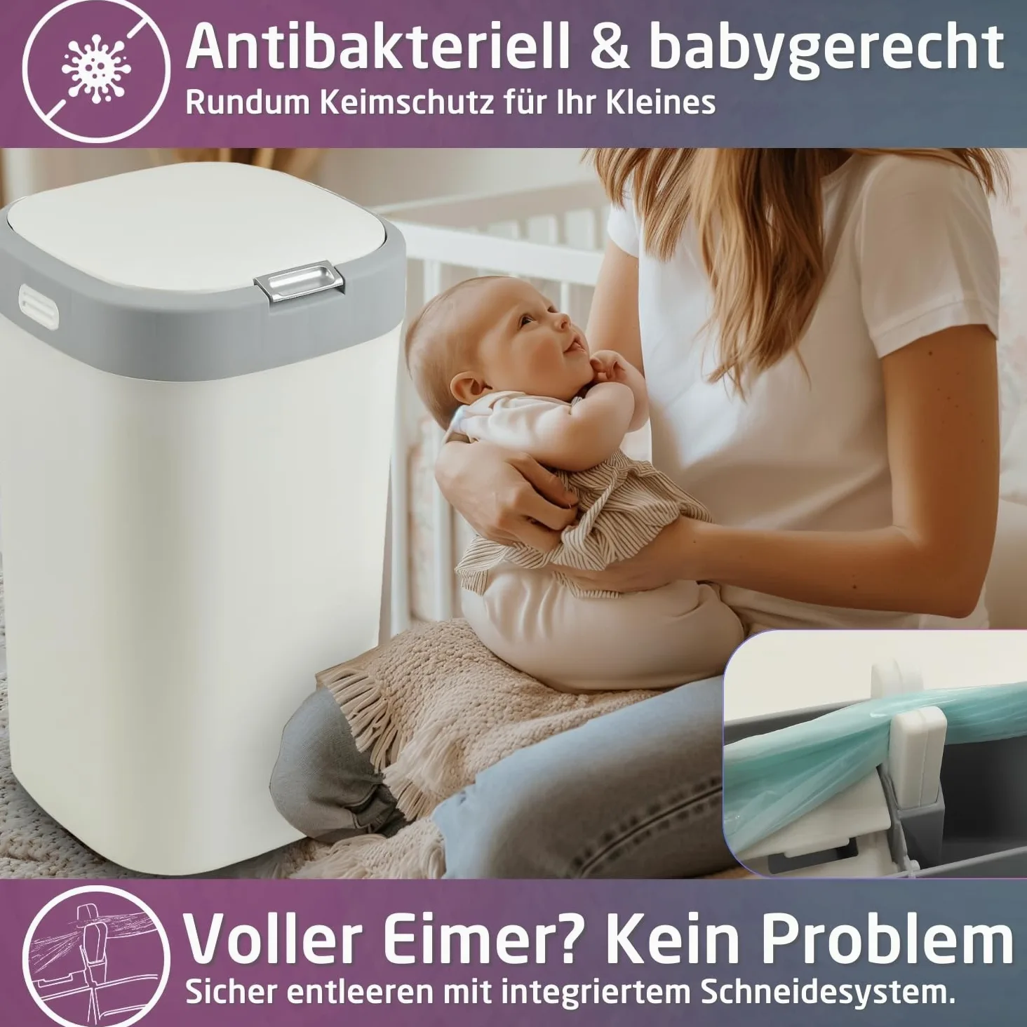Poubelle à couches de 19 l - Anti-odeurs - Avec système de sacs - Poubelle à couches - Couvercle tactile - Sécurité enfant - Changement facile de cassette - Antibactérienne - Avec 1
