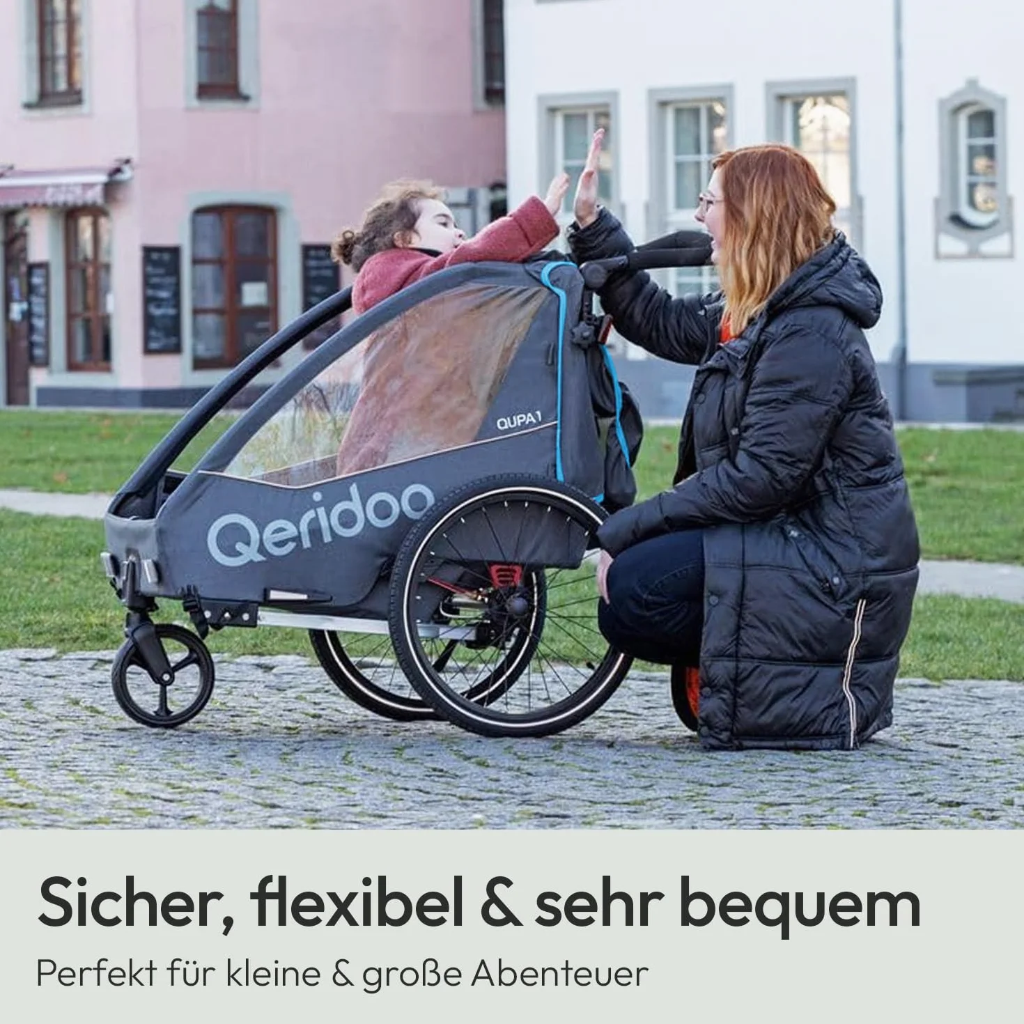 Qeridoo Qupa 1 Remorque de vélo avec suspension à lames, cabine pliante, banquette arrière amovible, buggy, système de harnais 5 points