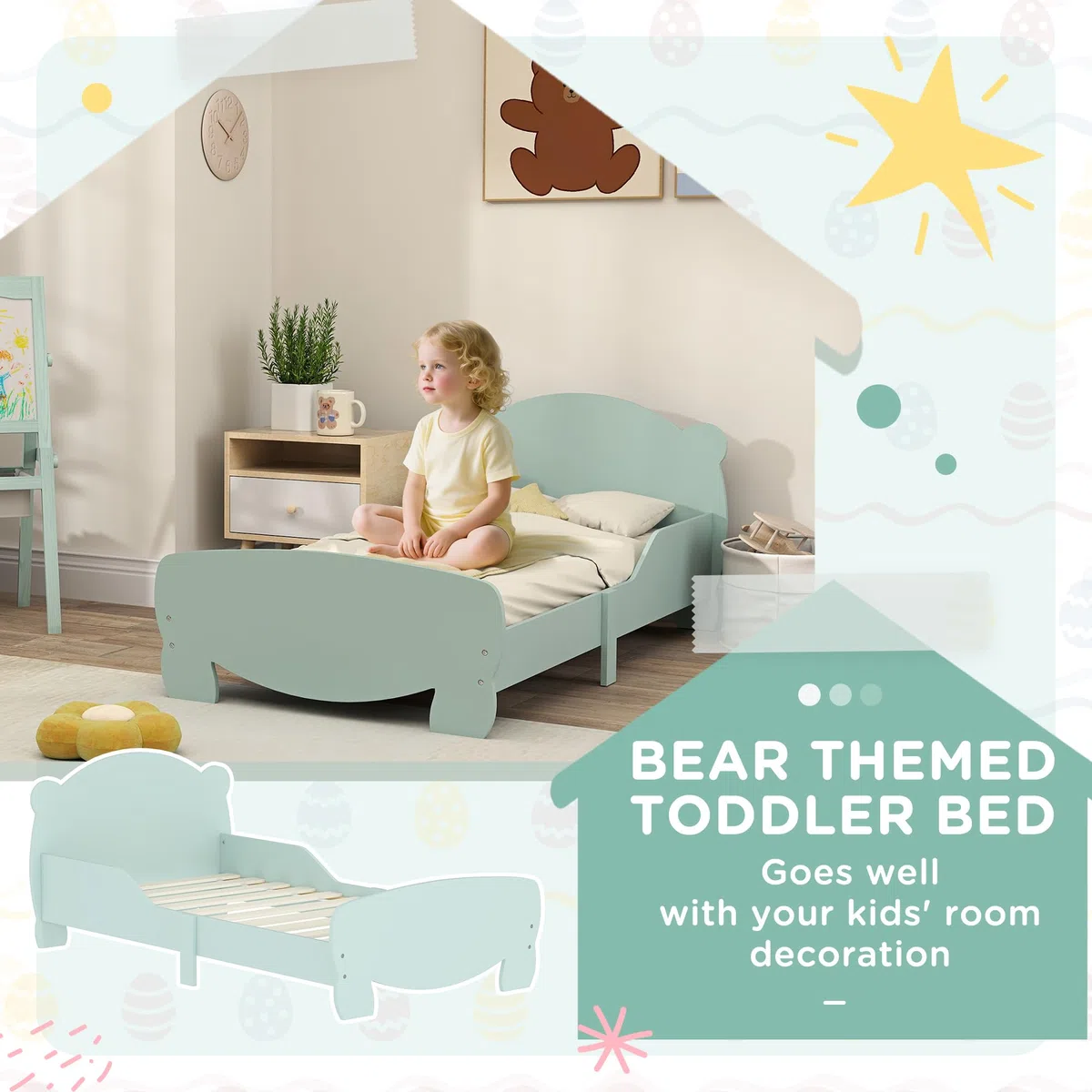 Lit Montessori pour Enfants 3-6 Ans 140x70 cm avec Côtés Anti-Chute et Sommier à Lattes Bois Vert