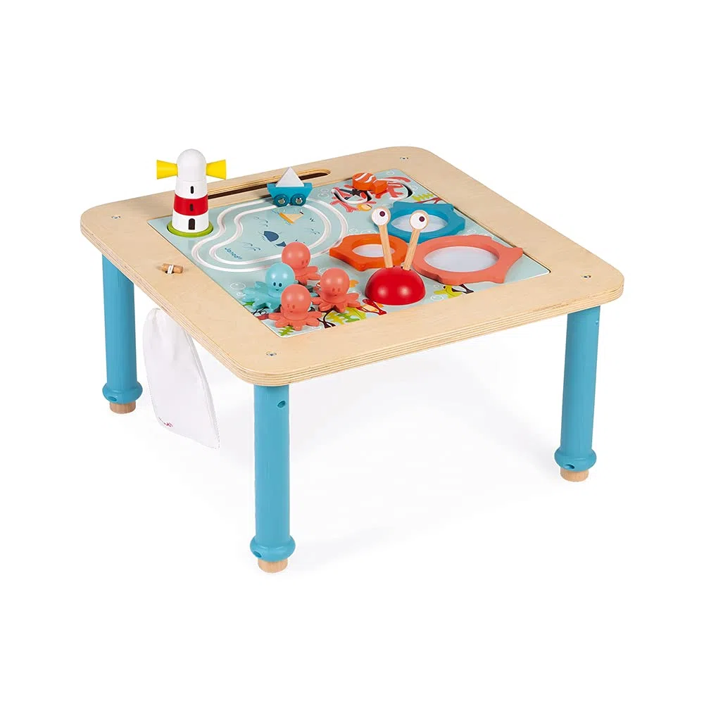 Janod - Table d'Activités Évolutive en Bois - 5 Activités Premier Âge - Plateau à Dessin Magnétique - Avec Sac de Rangement Accrochable - Dès 18 Mois, J08041