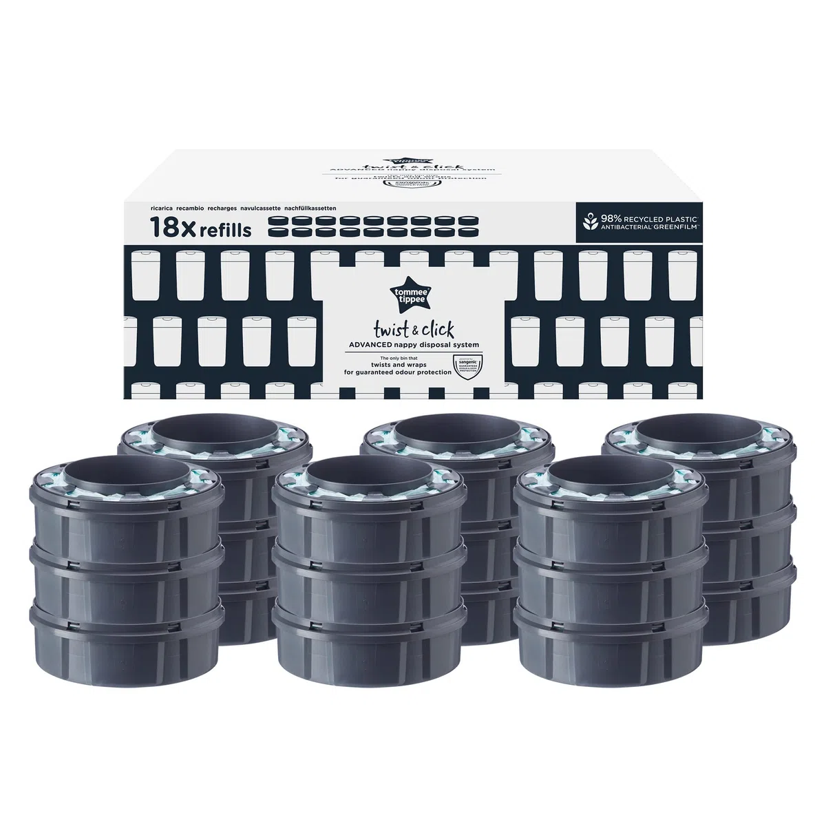 Tommee Tippee Recharges pour poubelles à couches Twist & Click GREENFILM antibactérien durable pack de 18
