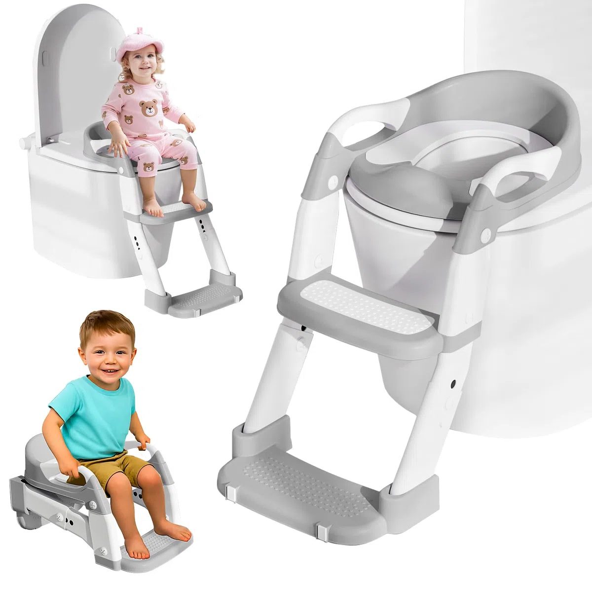 Reducteur Toilette Enfant, 3 en 1 Rehausseur Toilette Enfant avec Marche Réducteurs de Toilettes Propreté Apprentissage Adaptateur Abattant WC Siège WC à Hauteur Réglable, Antidérapant, Pot Amovible