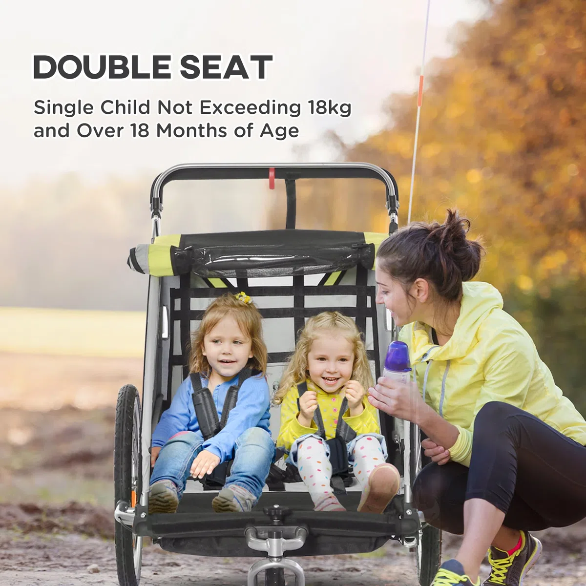 HOMCOM Remorque de vélo pour enfants et poussette, design 2 en 1 avec frein, ceinture à 5 points, remorque de vélo avec poches latérales, catadioptres et banderole, Jaune