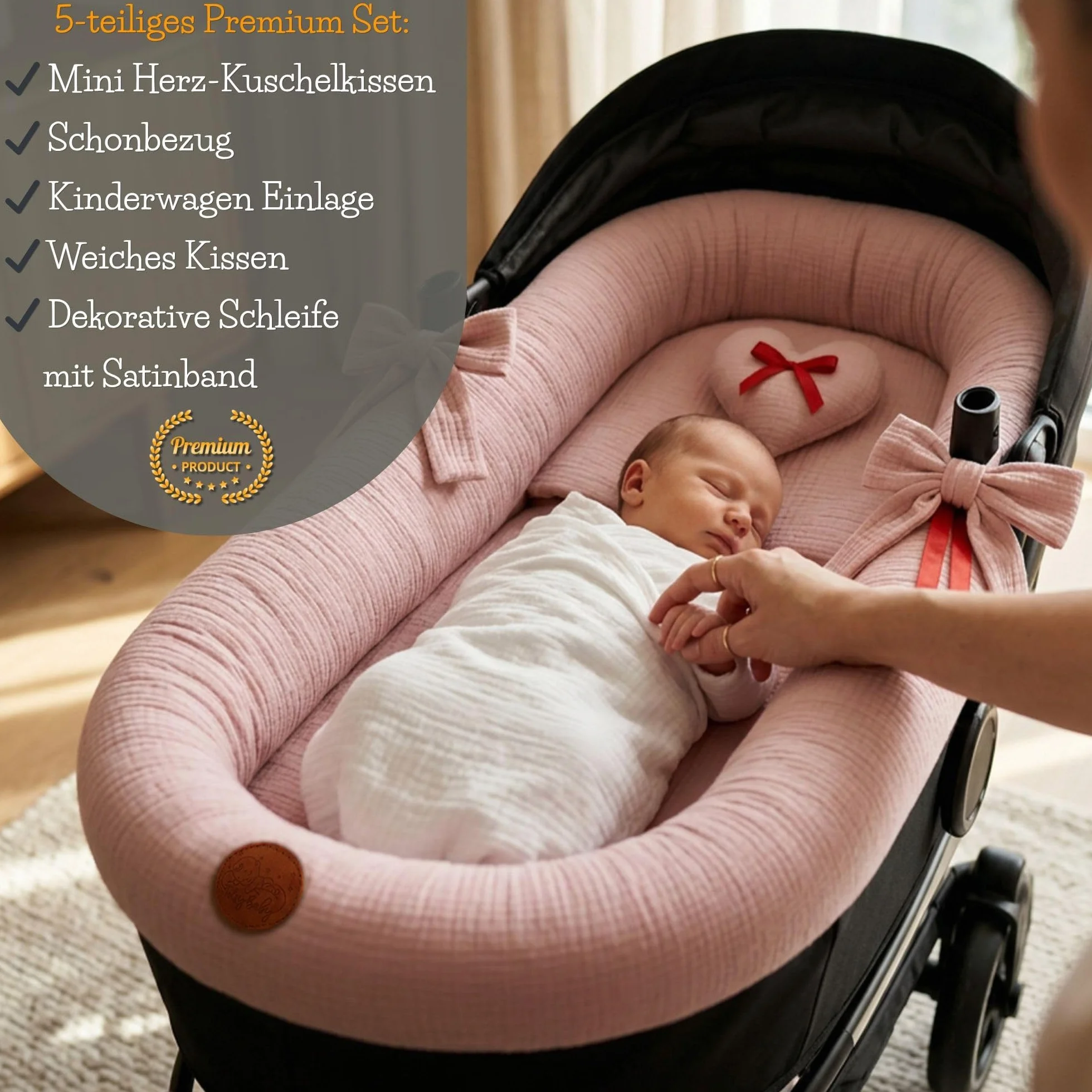 Housse de Nacelle Universelle en Mousseline de Coton – Habillage Respirant qui Habille et Protège la Poussette – Set 3 Pièces avec Coussin et Matelas pour Nouveau-né Plumes
