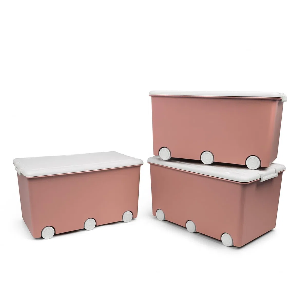 Thermobaby - Coffre de rangement PLAYBOX - MAXI 42 L - Lot de 3 Boites de Rangement - Caisse de Rangement en Plastique avec Couvercle - Clips de Fermeture - Poignée - Empilable - Rose