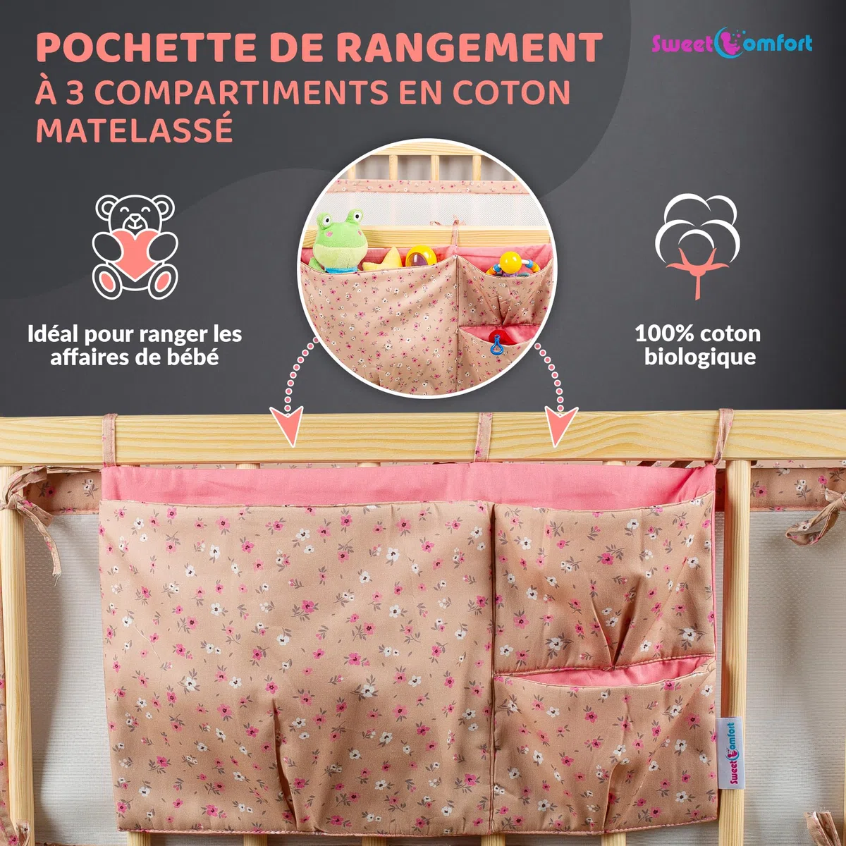 Tour de Lit Bébé Fille avec Pochette de Rangement - Contour de Lit Bébé 60x120 et 70x140 cm à Lattes 3 à 4 Côtés - Tour de Lit Respirant Conforme à la Norme de Sécurité NF EN 16780 - Rose Floral