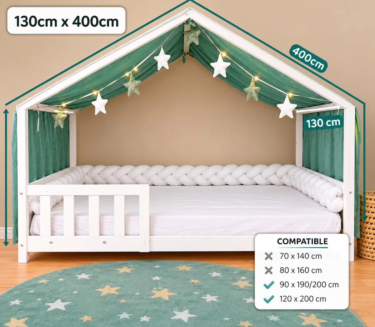 YellowNest Toile de Lit Cabane - Ciel de Lit Cabane 90x190 cm ou 90x200 cm - 100% Mousseline de Coton - sans Guirlande (Eucalyptus, 130 x 400 cm)