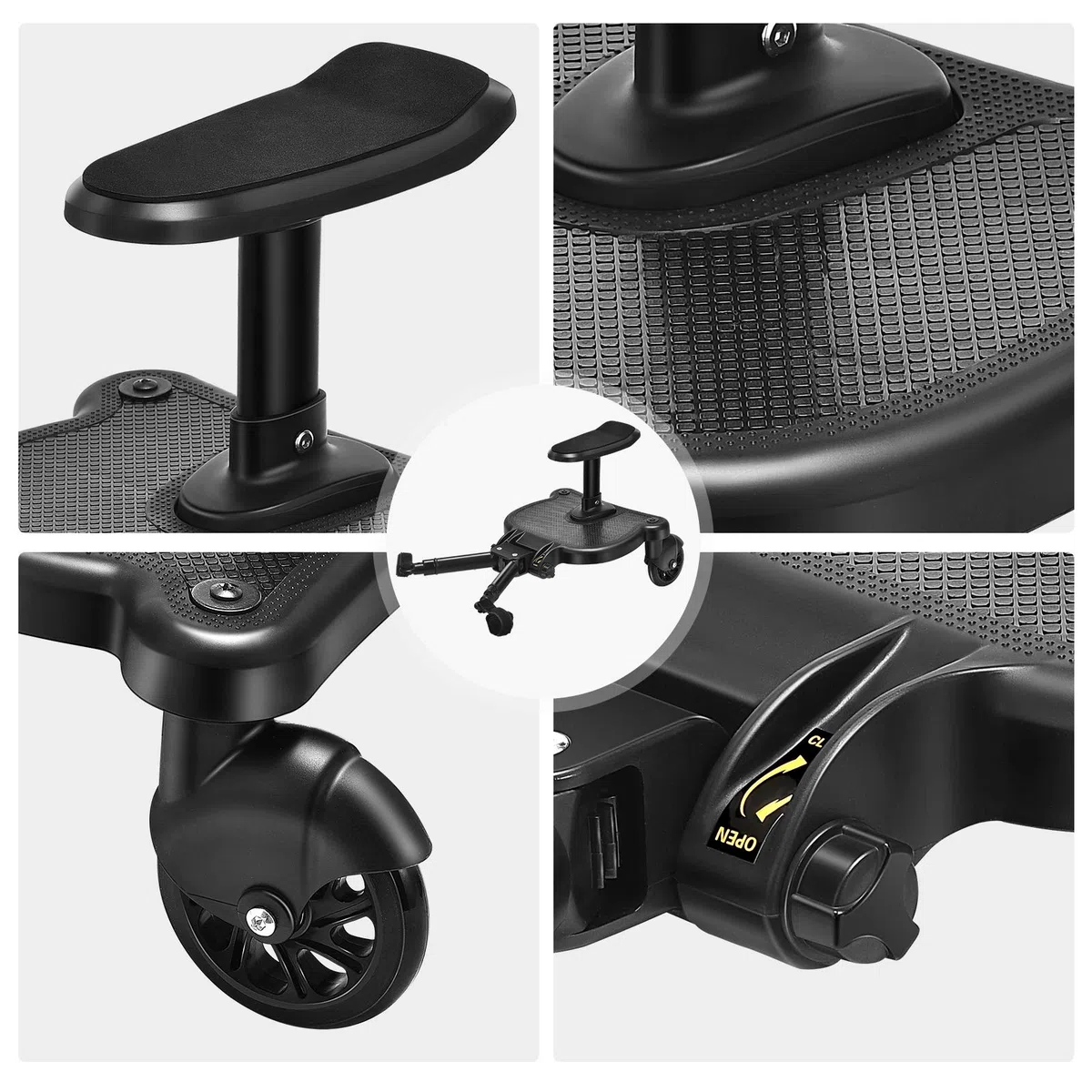 Planche Poussette Universelle,FNRIDS Skate Poussette Universelle, Portable Kiddy Boards,avec Sangle de Suspension,Rotation à 360,Planches à Roulettes pour bébé pour Enfants de 2 à 6 Ans (25kg) (noir)