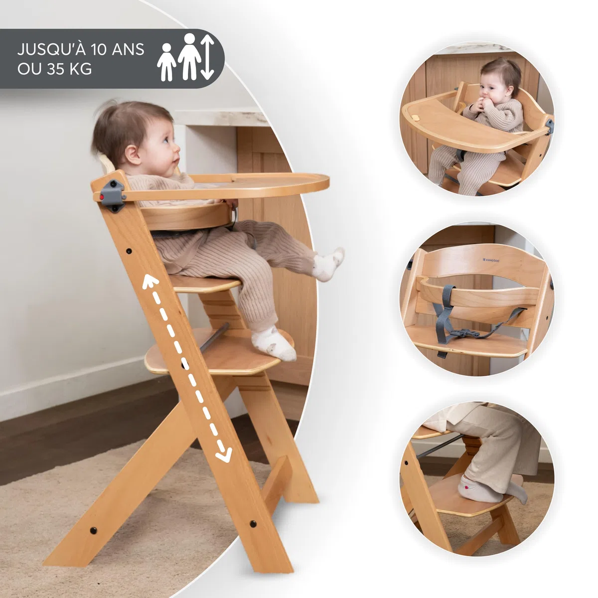 KikkaBoo Chaise Haute Bébé Évolutive en Bois NORDY, Bois de Hêtre, Réglable jusqu’à 35 kg, Plateau Amovible, Siège et Repose-Pieds Réglables, Harnais 3 Points, Bois