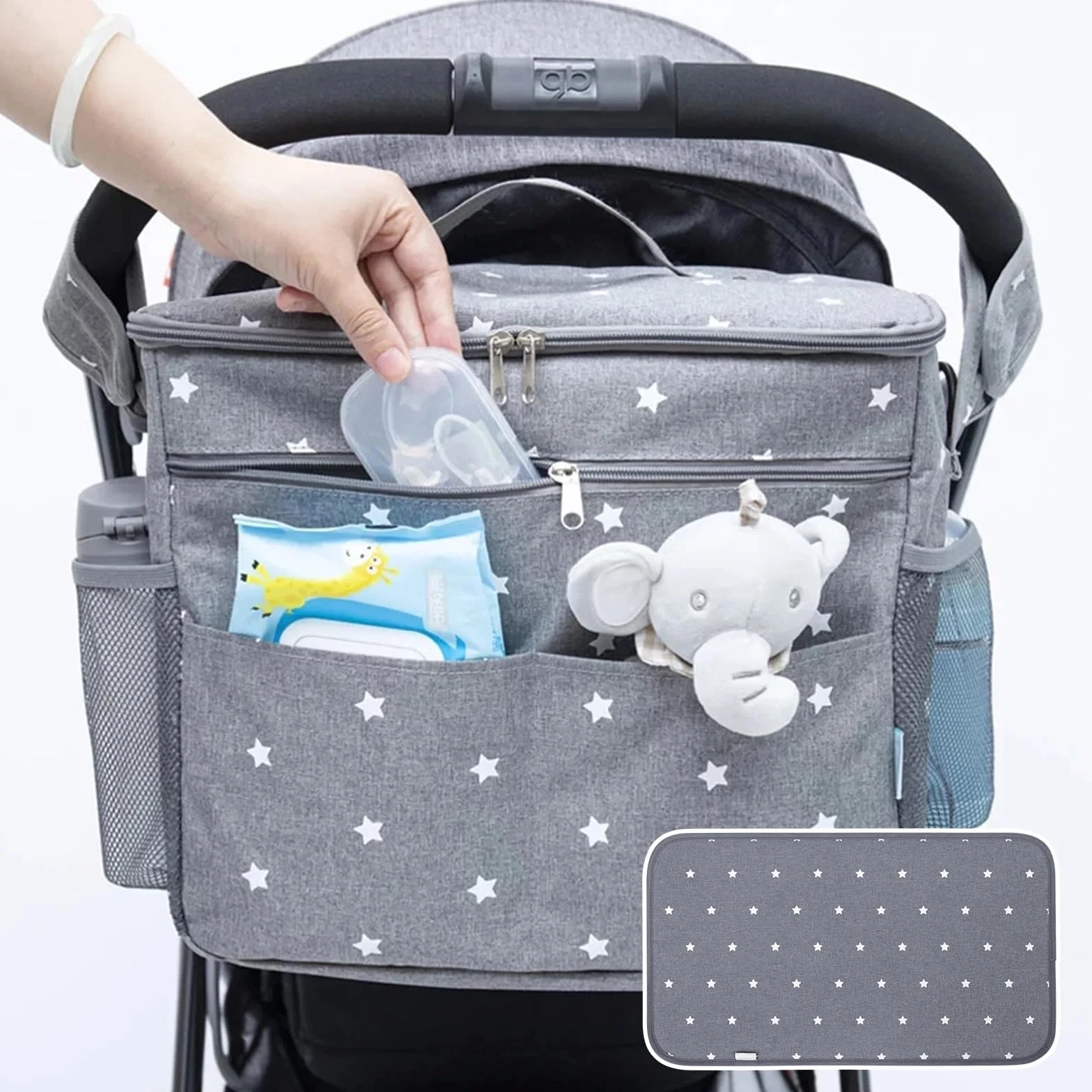 Orzbow Grande Sac a Langer Poussette,Étanche 22L Organisateur Poussette avec 2 Porte-gobelets,Multifonctionnel Sac Landau avec Séparateur Amovible,Doublure et Porte-bouteille Isolante (Gris)
