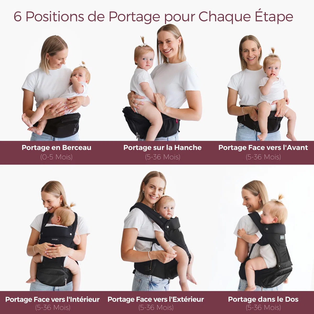 Momcozy Porte-bébé 2 en 1 avec coussin de hanche, réglable, amovible, jusqu'à 20 kg, respirant, soutien lombaire, noir
