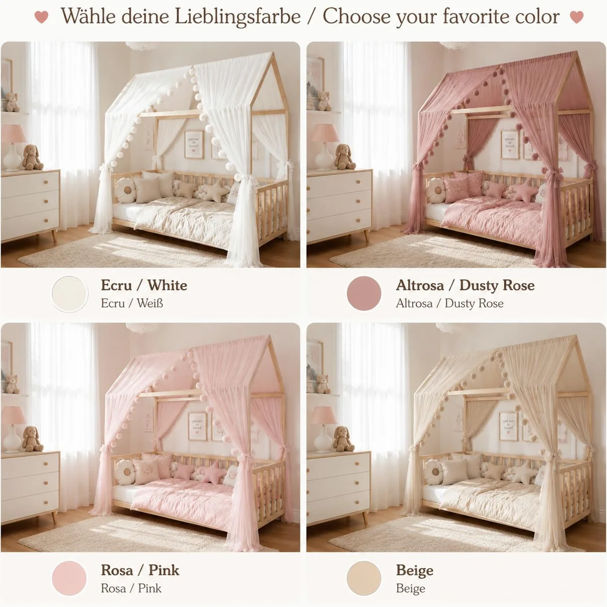 Baby Fancyroom Ciel de lit cabane Enfant Rose 360 cm – Baldaquin pour lit Maison Fille avec Guirlande à Pompons