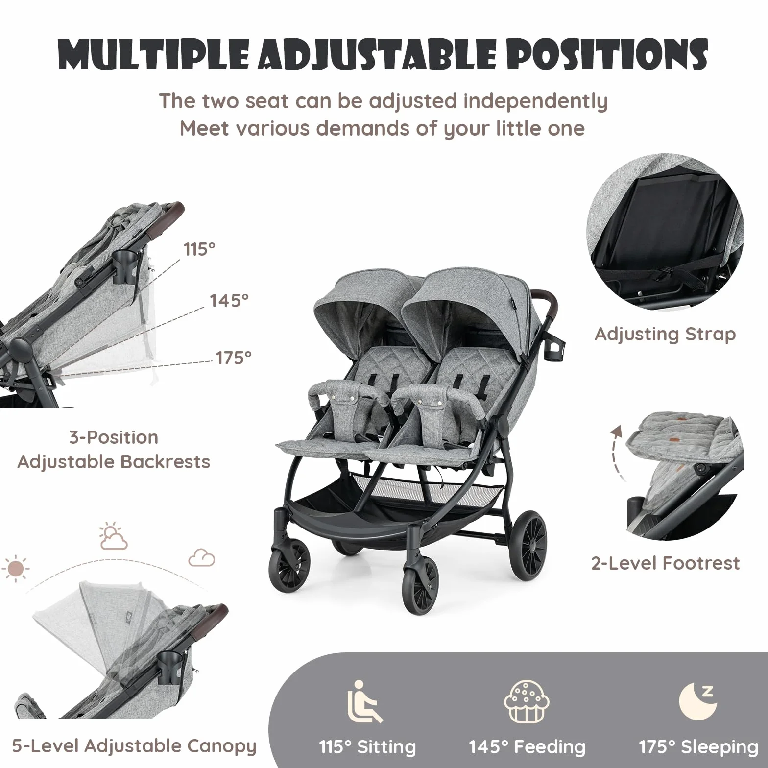 LIFEZEAL Poussette Double Côte à Côte, Tandem Jumeaux Pliable, Dossier Inclinable à 3 Positions, Repose-pieds, Harnais à 5 Points, Charge 15+15 kg, Bébé 0-3 ans (Gris clair)