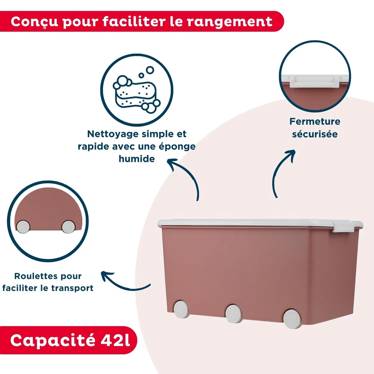 Thermobaby - Coffre de rangement PLAYBOX - MAXI 42 L - Lot de 3 Boites de Rangement - Caisse de Rangement en Plastique avec Couvercle - Clips de Fermeture - Poignée - Empilable - Rose