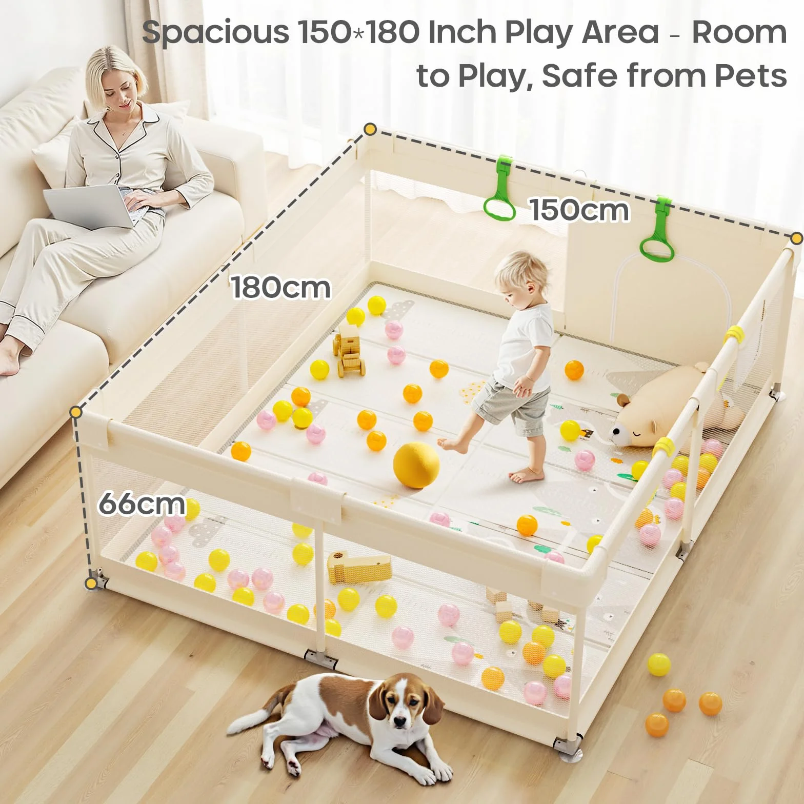 Parc Bebe 150x180cm avec Tapis - Grand Espace Sécurisé, Tapis Doux et Facile à Nettoyer, Structure Stable, Tissu Oxford et Acier Inoxydable, avec 4 Anneaux, Intérieur et Extérieur