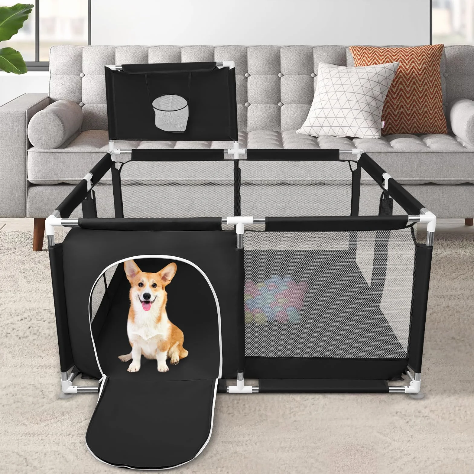 Parc Bébé,Modulable 126x126cm,50 Balles,Pliable pour Enfants 0-24 Mois,Aire de Jeu Sécurisée Maison, Tapis Anti-Dérapant Intérieur,Centre d'Activités pour Enfants,Basketball Rack