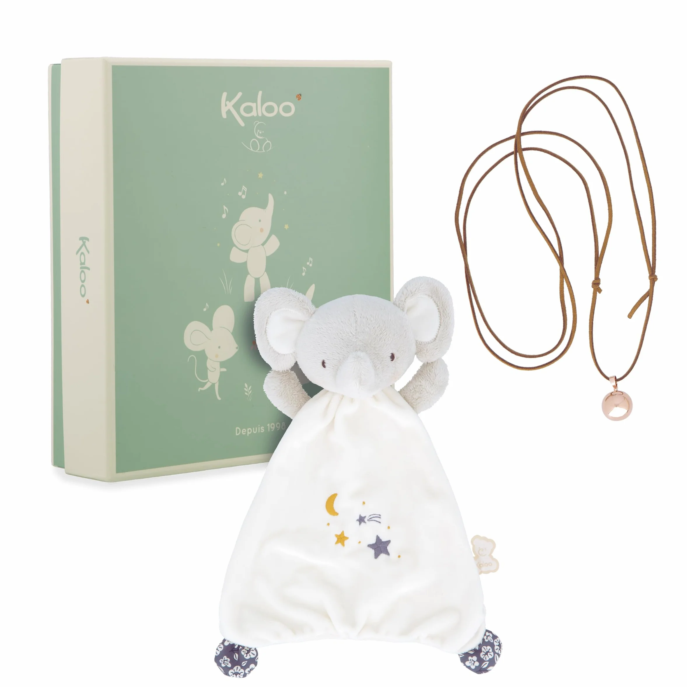 Kaloo - Coffret Doudou Eléphant + Collier Bola - Idéal Cadeau naissance - Cadeau grossesse - Douceur et harmonie dès la Grossesse - Matières recyclées et design raffiné - Boîte Cadeau - K210013