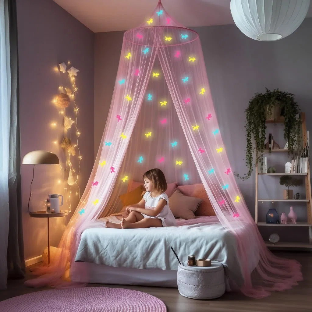Rose Lit à baldaquin pour Filles avec pré-collés luisant dans Les Licornes Sombres - Décor de Chambre en moustiquaire Princesse