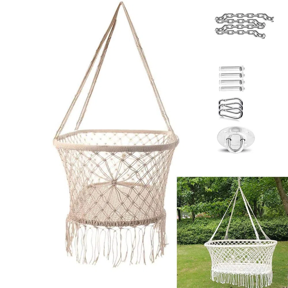 Berceau Suspendu Hamac Pour Bébé Fille/Garçon Pur Coton Tricoter Lit de né Bébé Coton tissé Corde pour garçons Filles Filet en macramé Respirant Mesures Franges Corde Macramé,Blanc,With accessories