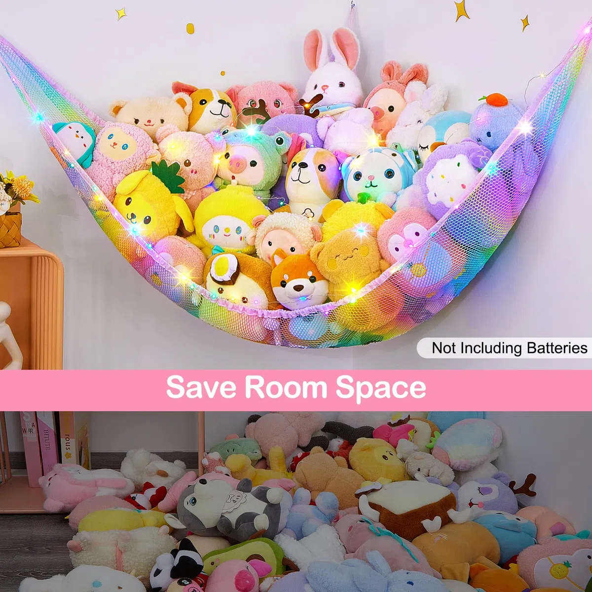 Unicorn Castle Hamac de rangement en filet pour animaux en peluche avec lumière LED - Organiseur d'angle à suspendre pour animaux en peluche - Pour décoration de chambre d'enfant
