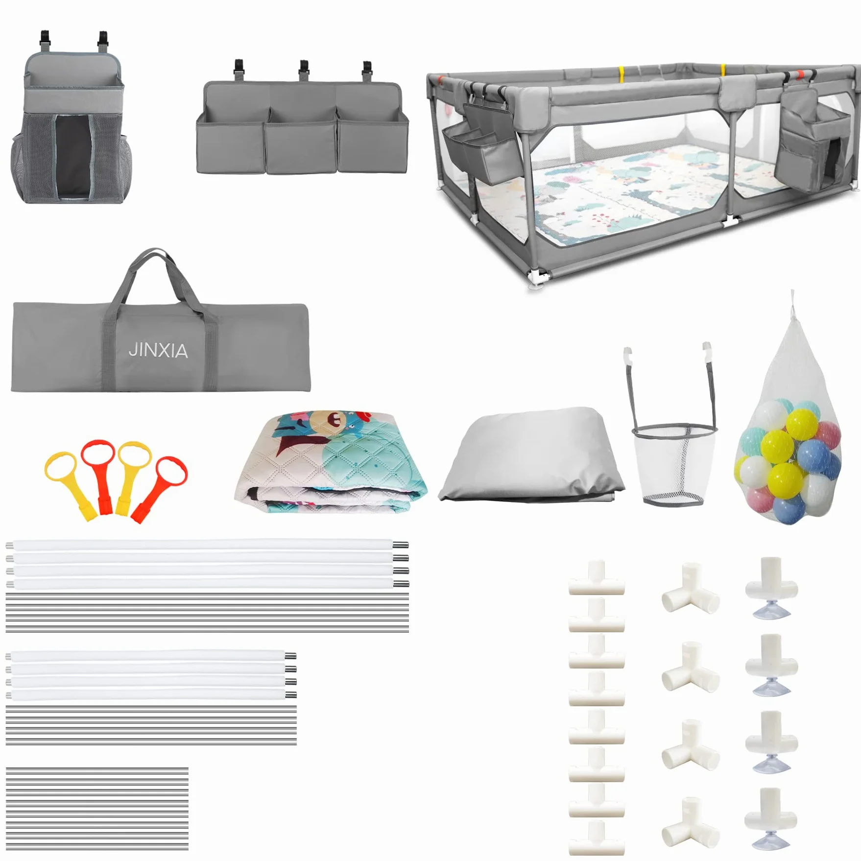 JINXIA Parc Bebe,190x150 cm,XXL Pliable Parc Modulable Bébé Avec Barrieres/Filets/Balle Océanique/Panneau d'activité,Playpen extra grand pour bébés et tout-petits,parc enfant,Gris
