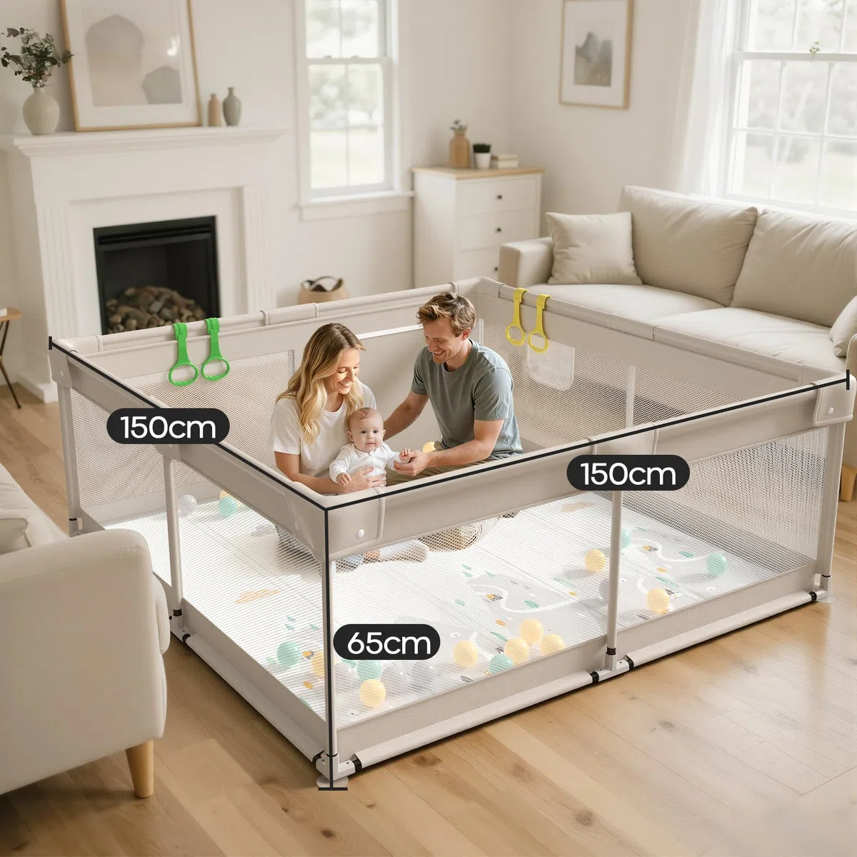 Parc Bebe avec Tapis 150x150cm - Barrière de Jeu pour Enfant avec Tapis Mousse Pliable et Anneaux