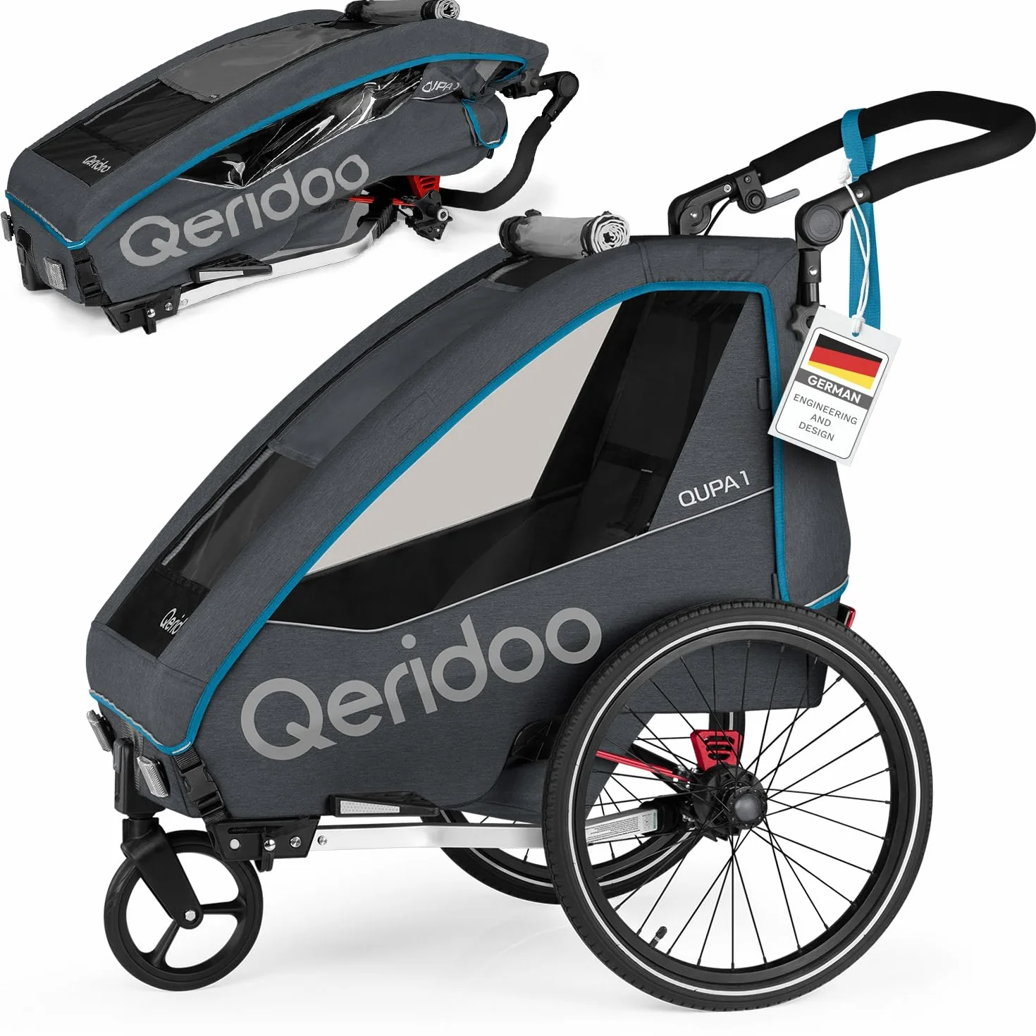 Qeridoo Qupa 1 Remorque de vélo avec suspension à lames, cabine pliante, banquette arrière amovible, buggy, système de harnais 5 points