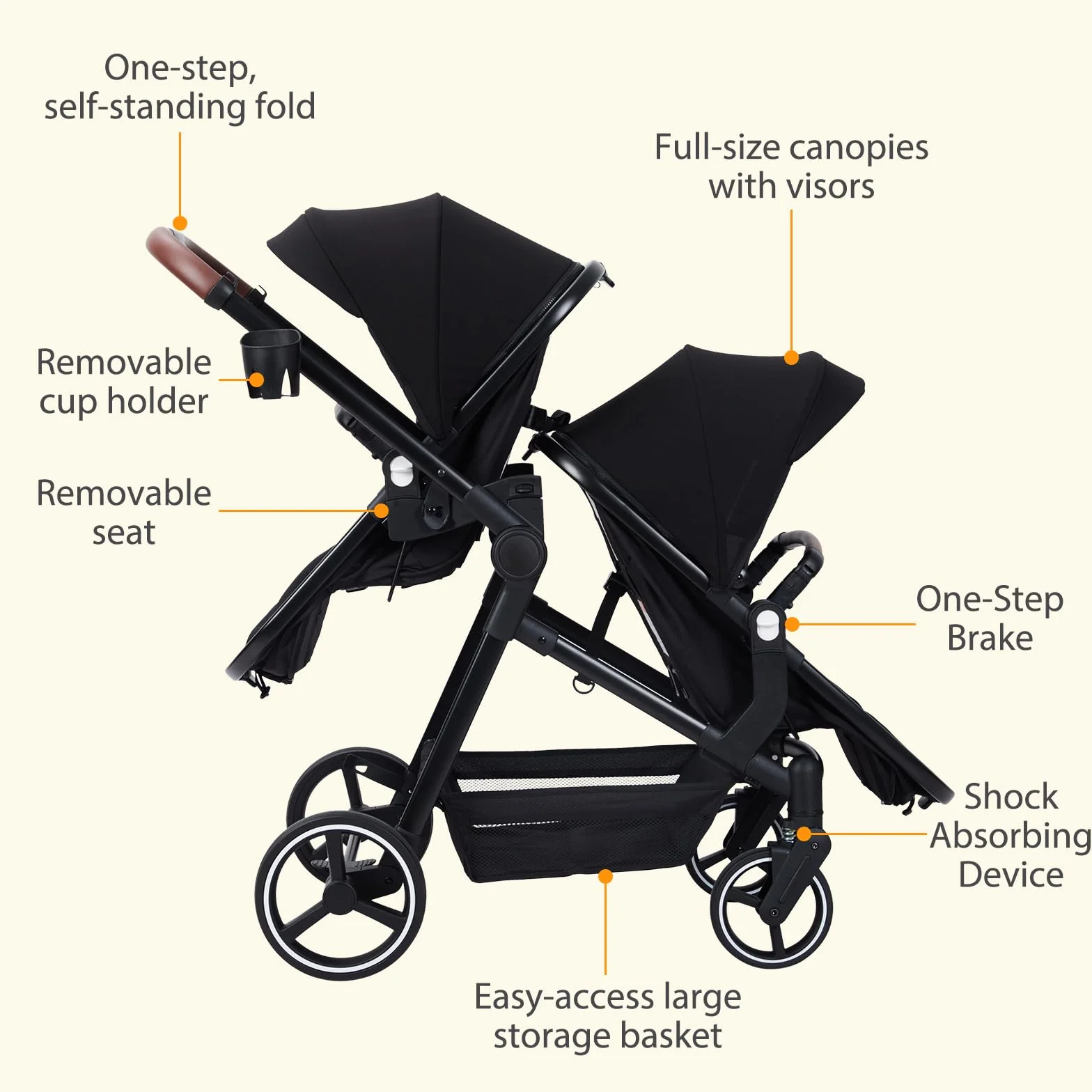 Poussette Double Légère Landau Pliable de Voyage, Poussette Tandem Compacte Avec Siéges Réversibles, Nacelle Bébé, Charge Max 30 kg, de la Naissance à 36 Mois