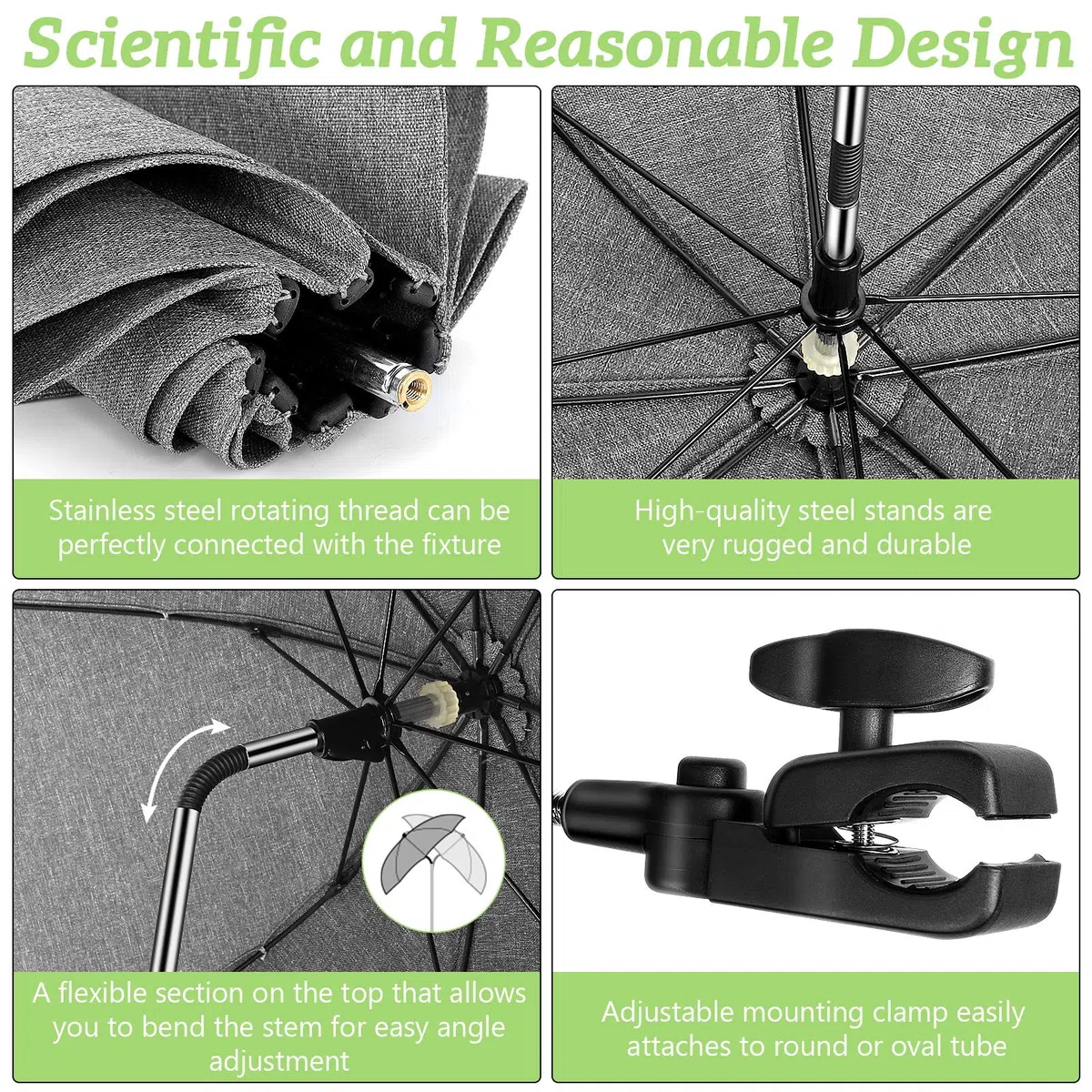 Ombrelle Universelle pour Poussette, Parasol Anti UV 50+ pour Landau, Fixation pour Tube Rond ou Oval, Ombrelle Poussette avec Clip pour Fauteuil Roulant Poussette