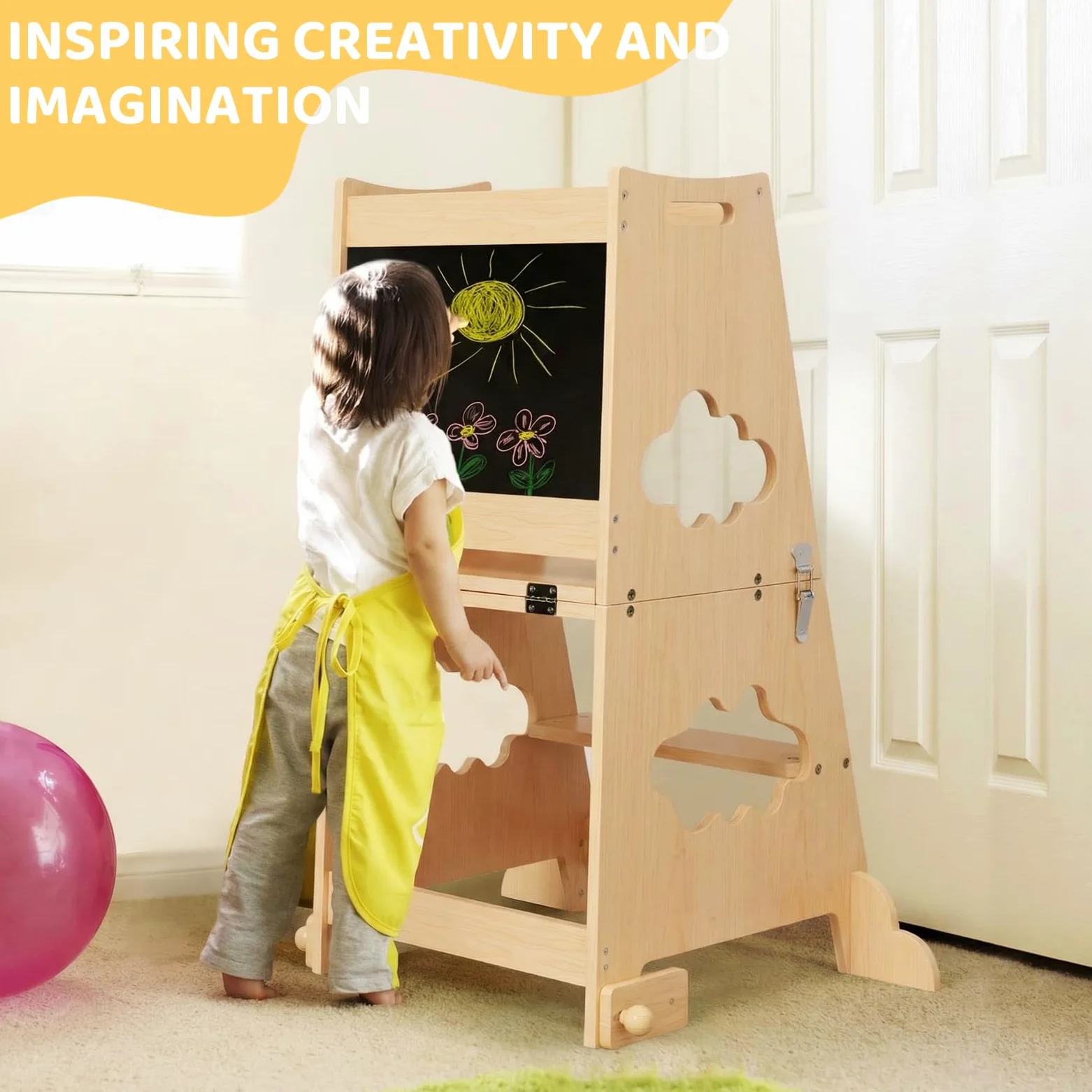 KIDINIX Tour d'Observation Enfant, Tour d'Apprentissage 3 en 1 avec Garde-Corps et Tableau Noir, Tour Montessori Pliable