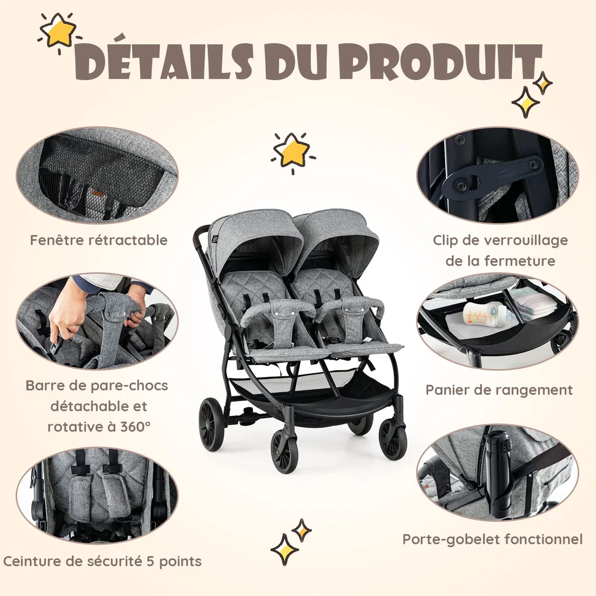 COSTWAY Poussette Canne Double avec Porte-Gobelet, Poussette Côte à Côte avec Dossier & Auvent Réglable, Pliable d'une Main, Ceinture de Sécurité, Charge 15KG pour Bébé 0 à 3 Ans