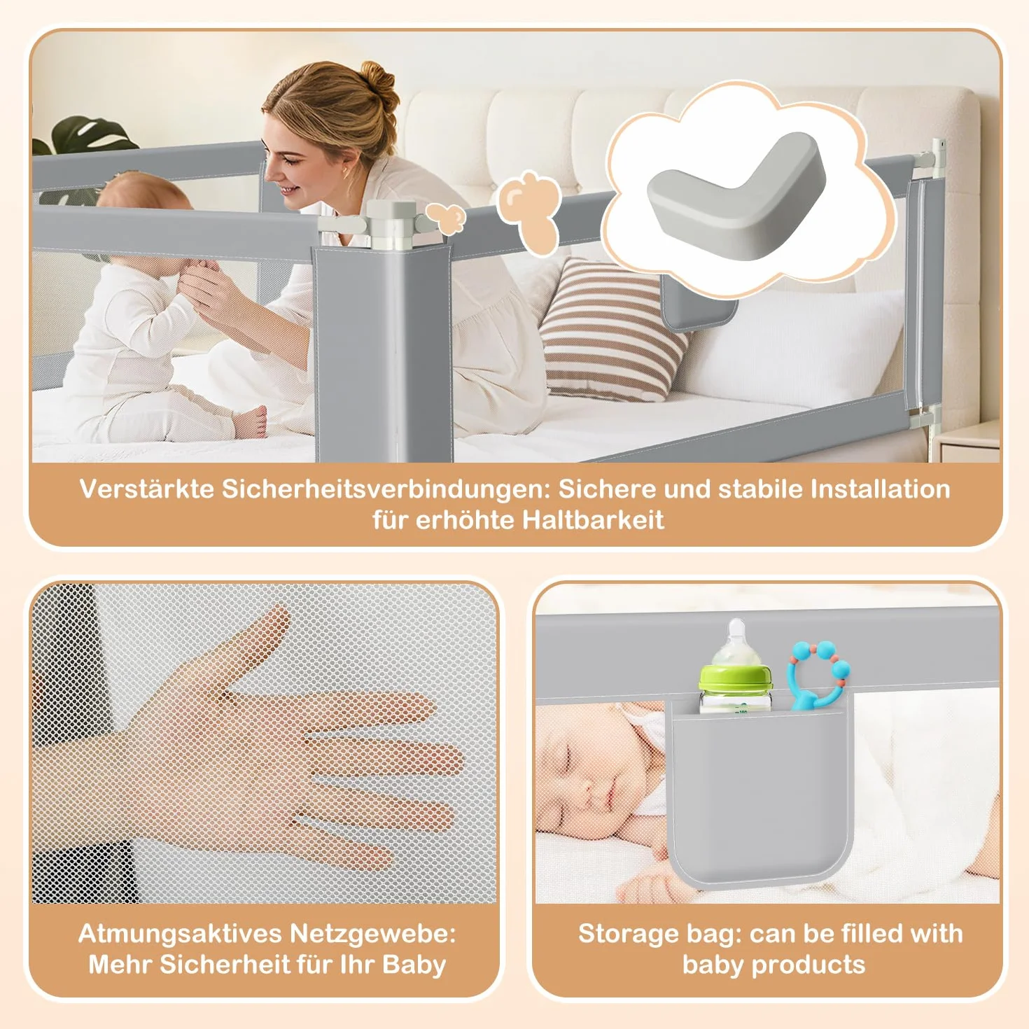 1x180CM+2x200CM Barrière de lit pour bébé, Barrière de lit Enfant Protection Contre Les Chutes, Réglable en Hauteur, Barrière de lit avec Filet aéré, Facile à Monter, Gris