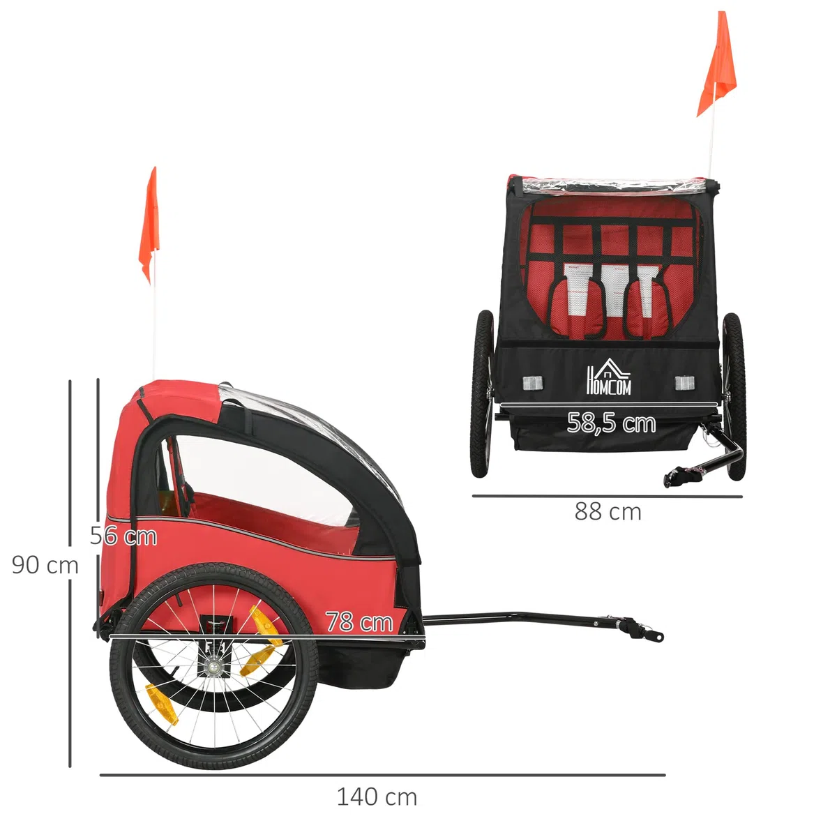 HOMCOM Remorque de vélo pour enfants 2 places 18 mois ceinture de sécurité amortisseur 140x88x90 cm
