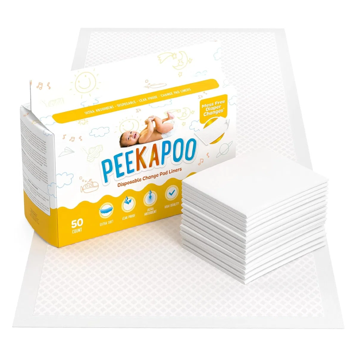 Peekapoo - Lot de 50 doublures jetables pour matelas à langer, super douces, ultra absorbantes et imperméables – Couvre toutes les surfaces pour changer les couches de bébé sans salir