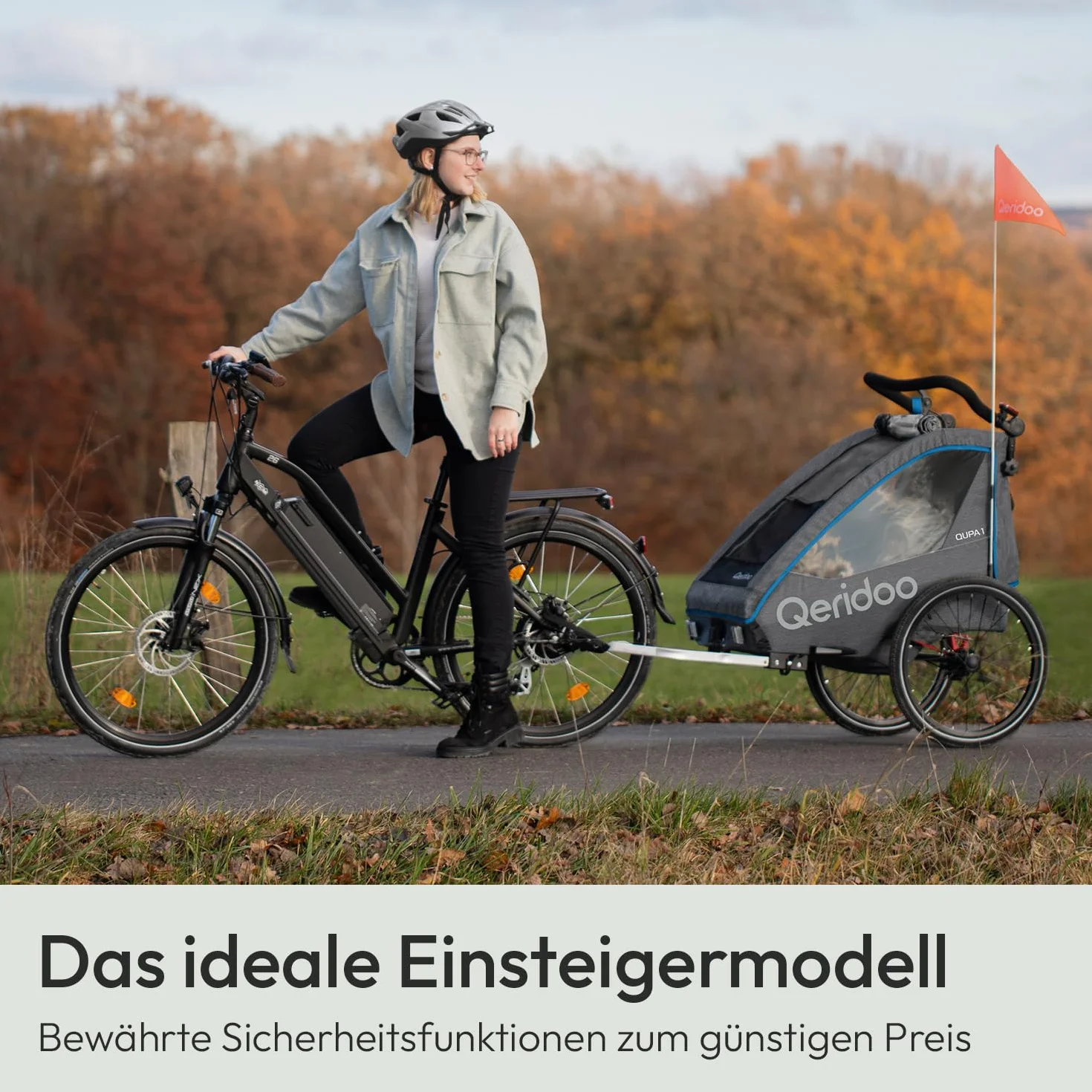 Qeridoo Qupa 1 Remorque de vélo avec suspension à lames, cabine pliante, banquette arrière amovible, buggy, système de harnais 5 points