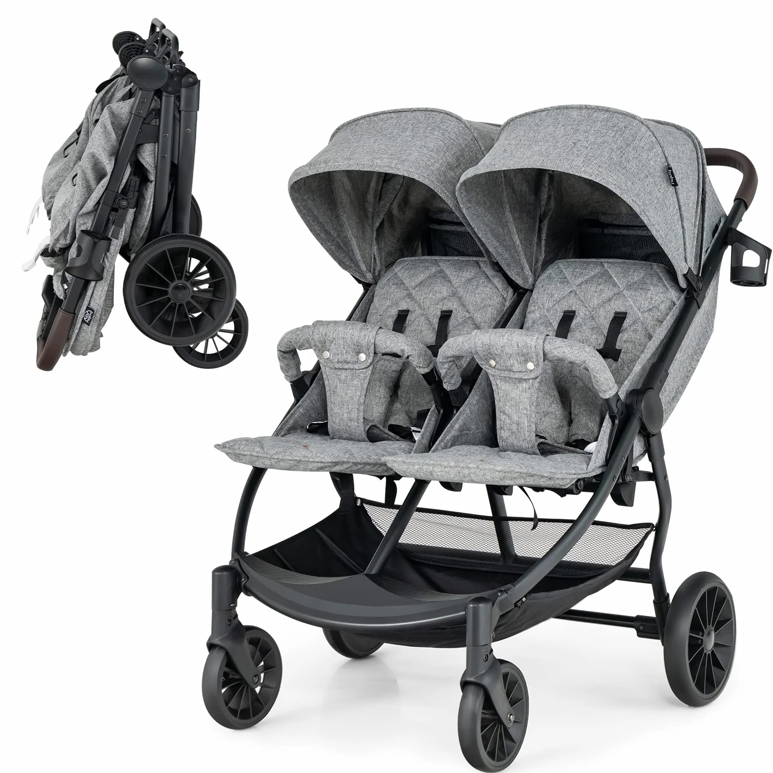 COSTWAY Poussette Canne Double avec Porte-Gobelet, Poussette Côte à Côte avec Dossier & Auvent Réglable, Pliable d'une Main, Ceinture de Sécurité, Charge 15KG pour Bébé 0 à 3 Ans