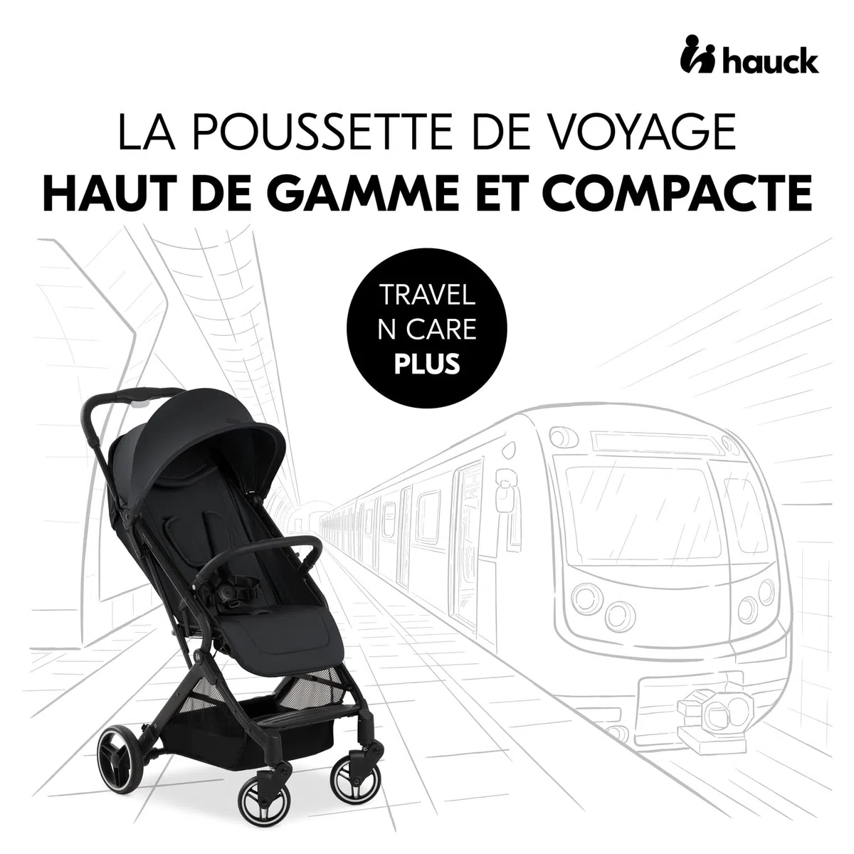 hauck Poussette Compacte Voyage Travel N Care Plus, Légère seulement 7,2 kg, Inclinable et Pliable, Protection UV 50+, Jusqu'à 22 kg (3 kg Panier), Noir