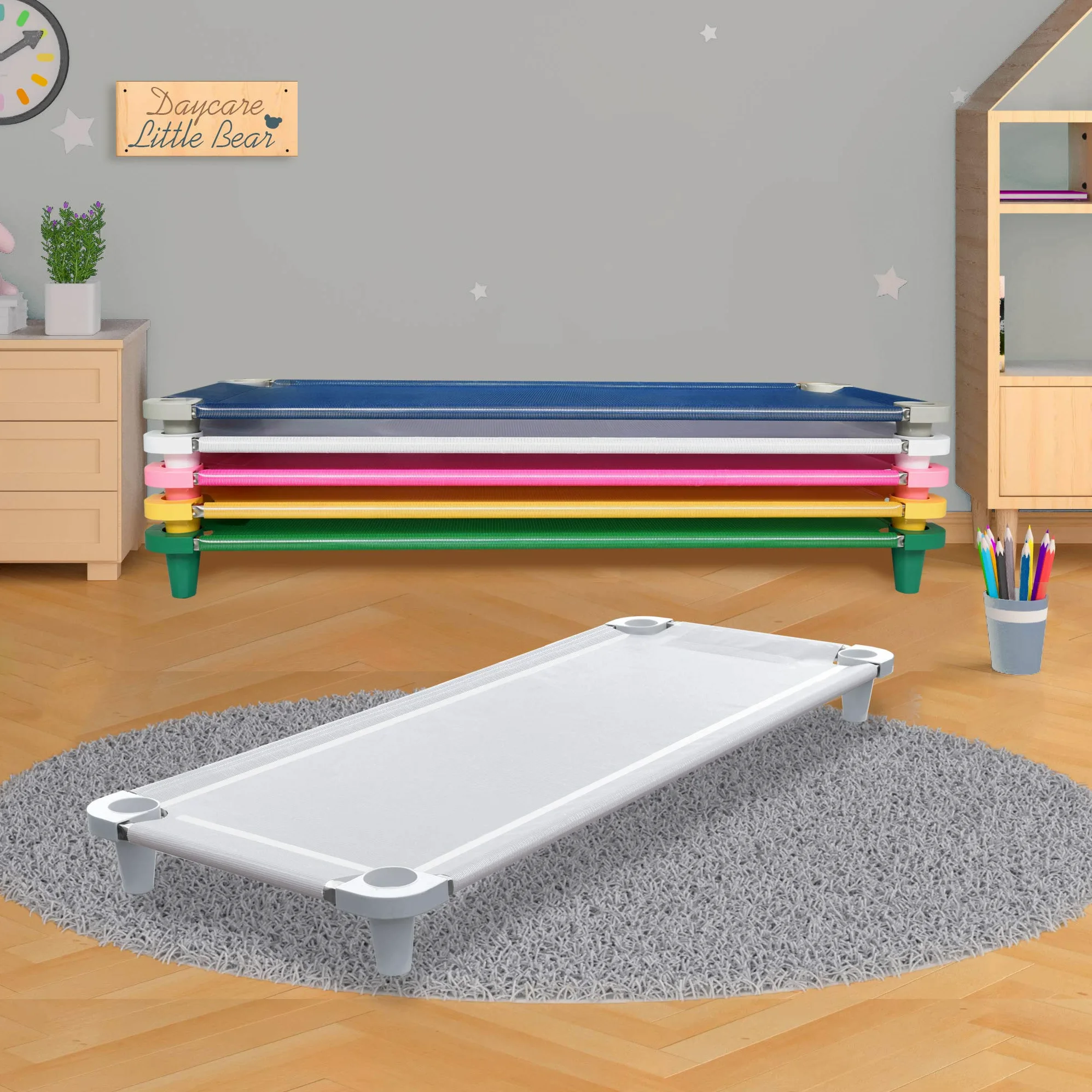 Acrimet Premium Lit de Sieste d'appoint empilable pour Enfant, Tubes en Acier Inoxydable, Blanc - Pieds Blanc, 1 unité