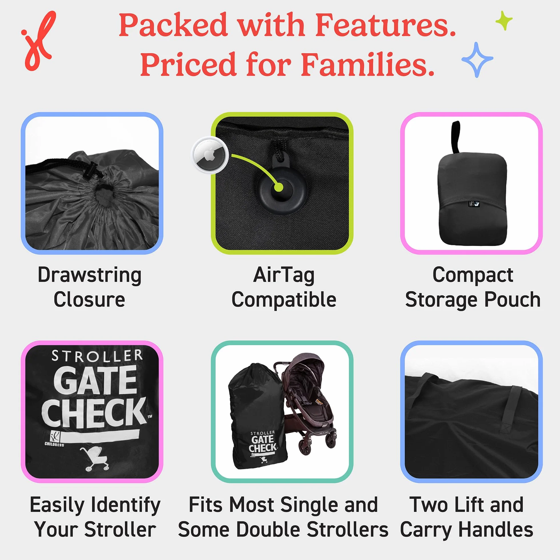 J.L. Childress Gate Check Sac pour poussettes Standard et Doubles – Sac de Voyage pour Poussette, Noir, Noir, Compacte