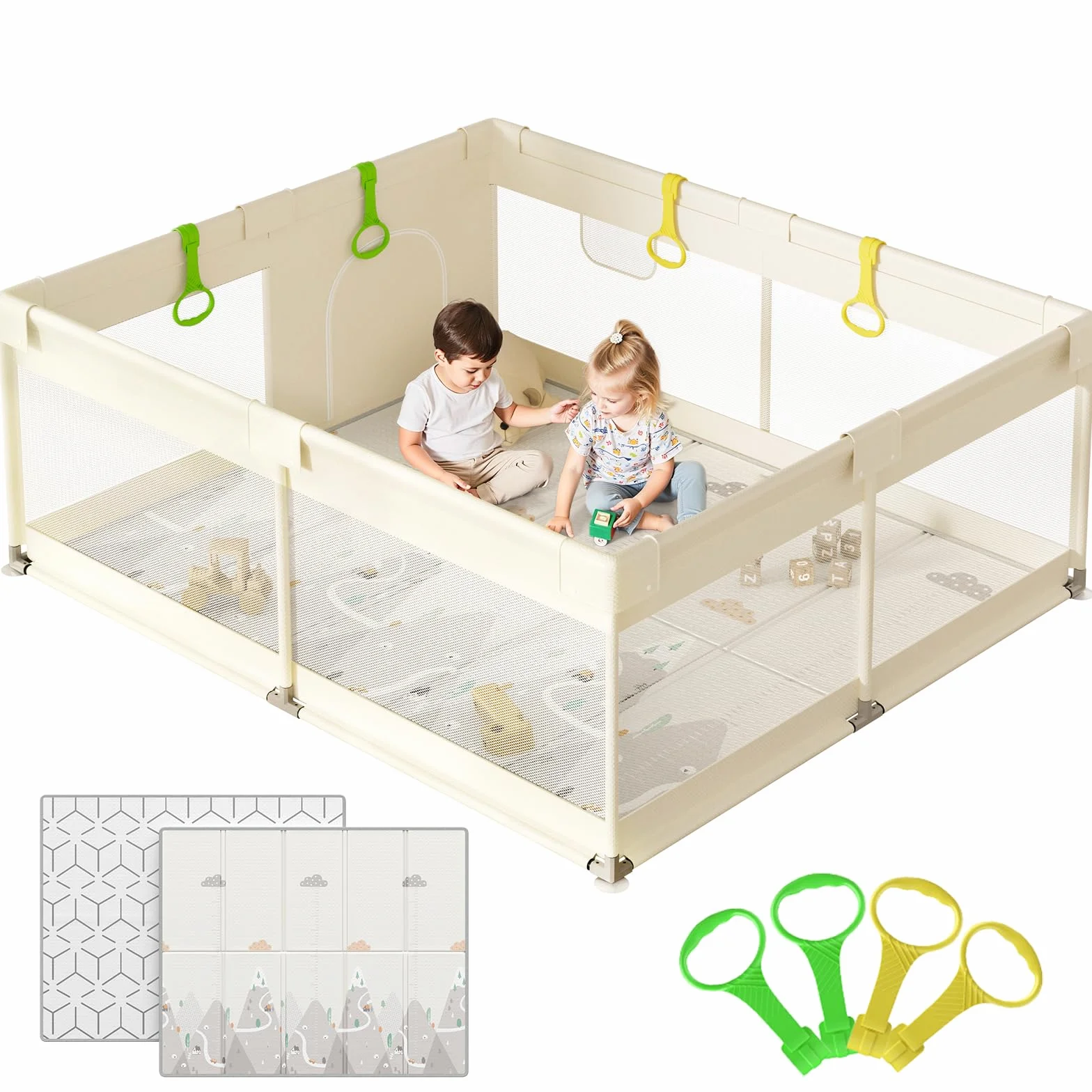 Parc Bebe 150x180cm avec Tapis - Grand Espace Sécurisé, Tapis Doux et Facile à Nettoyer, Structure Stable, Tissu Oxford et Acier Inoxydable, avec 4 Anneaux, Intérieur et Extérieur