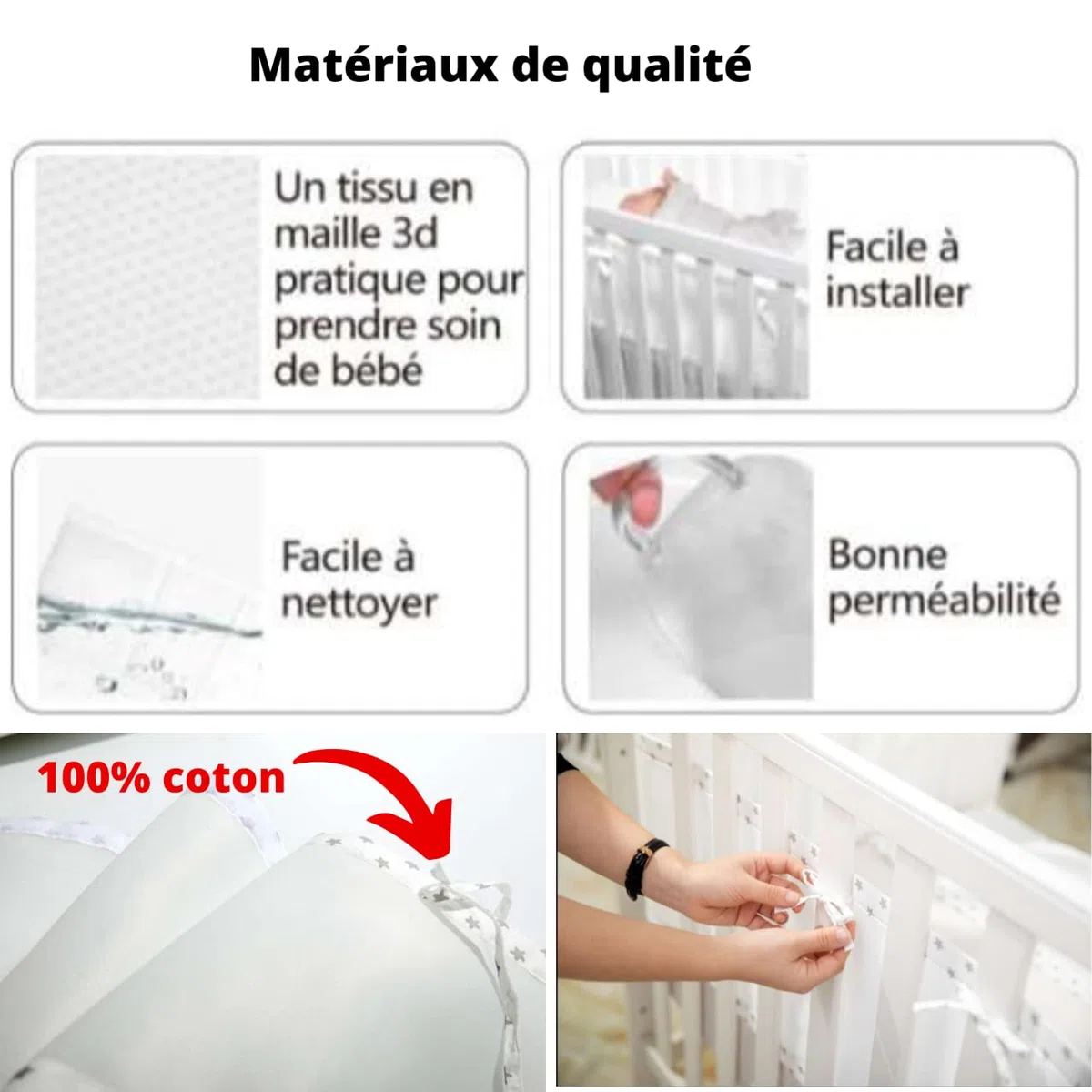 Tour de lit bébé/Lot de 2 pour lit bébé 60x120cm ou 70x140 cm/Protection de lit bébé avec Une visibilité maximale/Contour de lit bébé/Doublure de Berceau en Maille/Tour de lit Respirant