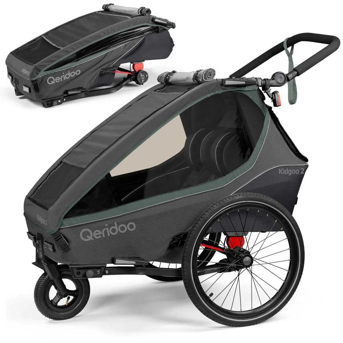 Qeridoo Kidgoo 2 Ivy Green Remorque de vélo pliable avec harnais à 5 points et système de fixation Easy-ARS pour 2 enfants avec roue de poussette rotative à 360° et protections de tête brevetées