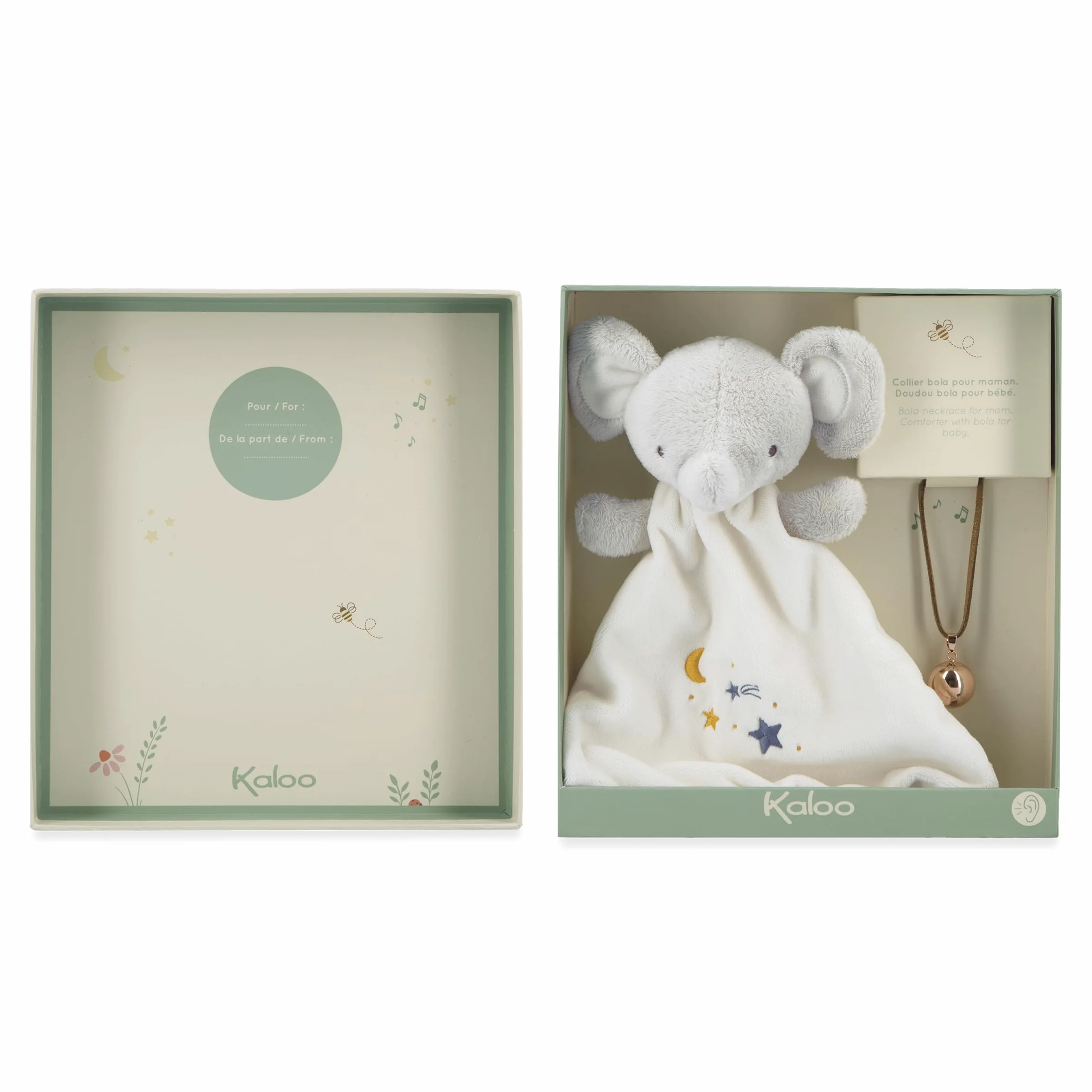 Kaloo - Coffret Doudou Eléphant + Collier Bola - Idéal Cadeau naissance - Cadeau grossesse - Douceur et harmonie dès la Grossesse - Matières recyclées et design raffiné - Boîte Cadeau - K210013