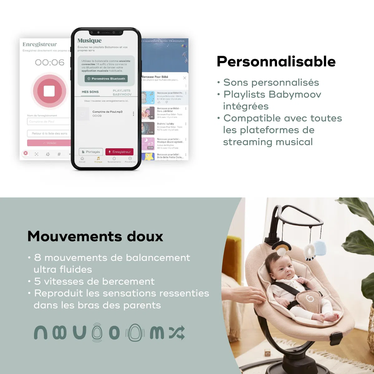 Babymoov Balancelle Bébé Électrique Swoon Evolution Mocca-Connectée avec Application mobile - Streaming musical, Enregistrement de voix et Berceuses personnalisées - Assise 360° - Réducteur nouveau-né