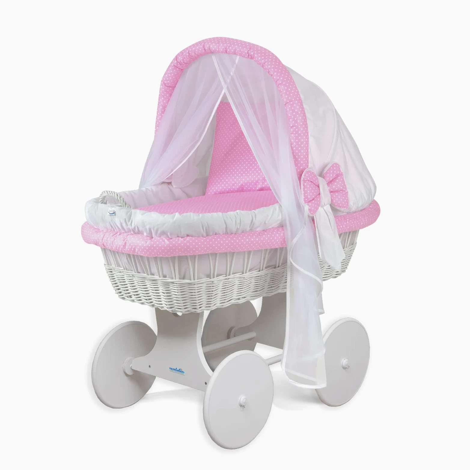 WALDIN Landau Berceau Bebe Complet XXL Cadre Roues White Laque Tissu Blanc Points White sur Rose