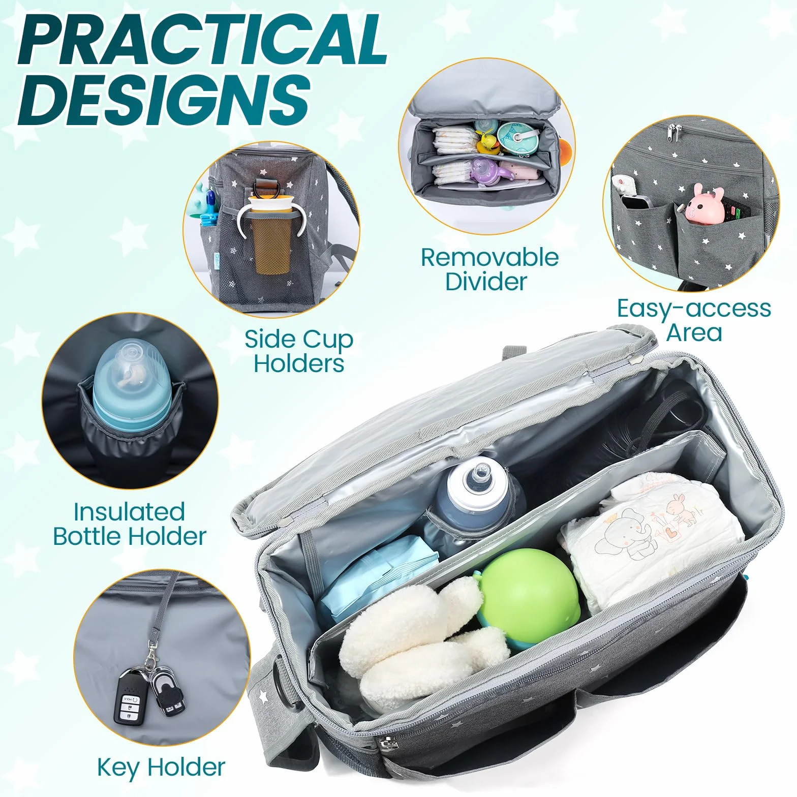 Orzbow Grande Sac a Langer Poussette,Étanche 22L Organisateur Poussette avec 2 Porte-gobelets,Multifonctionnel Sac Landau avec Séparateur Amovible,Doublure et Porte-bouteille Isolante (Gris)