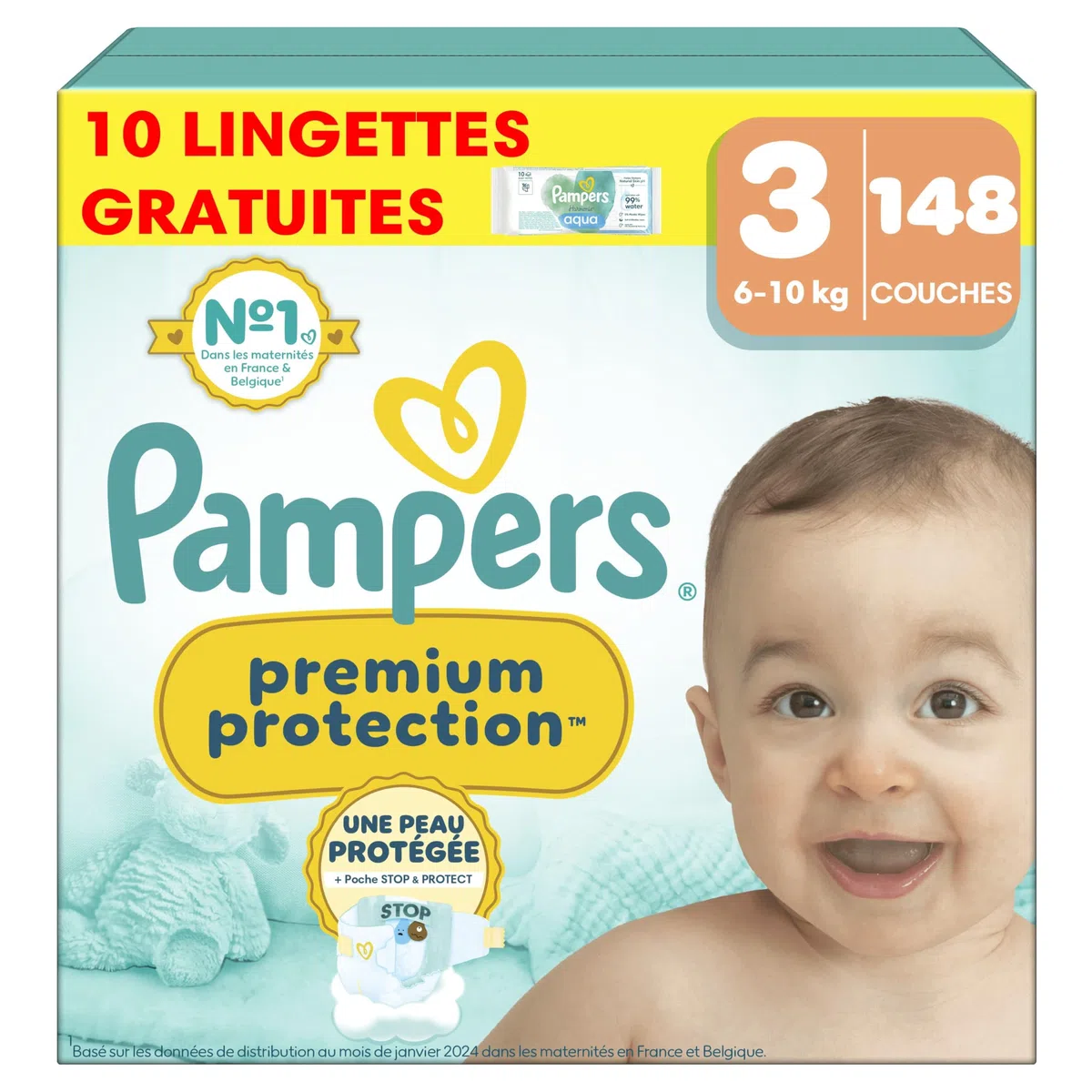 Pampers Premium Protection Taille 3, 148 Couches, 6-10kg, Double Protection