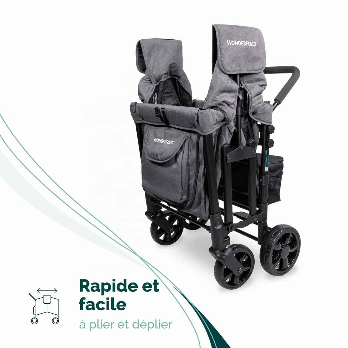 WONDERFOLD W4 Original Poussette (4 places) – Poussette pliable avec sièges avec harnais à 5 points, porte zippée facile d'accès et pare-soleil amovible, gris
